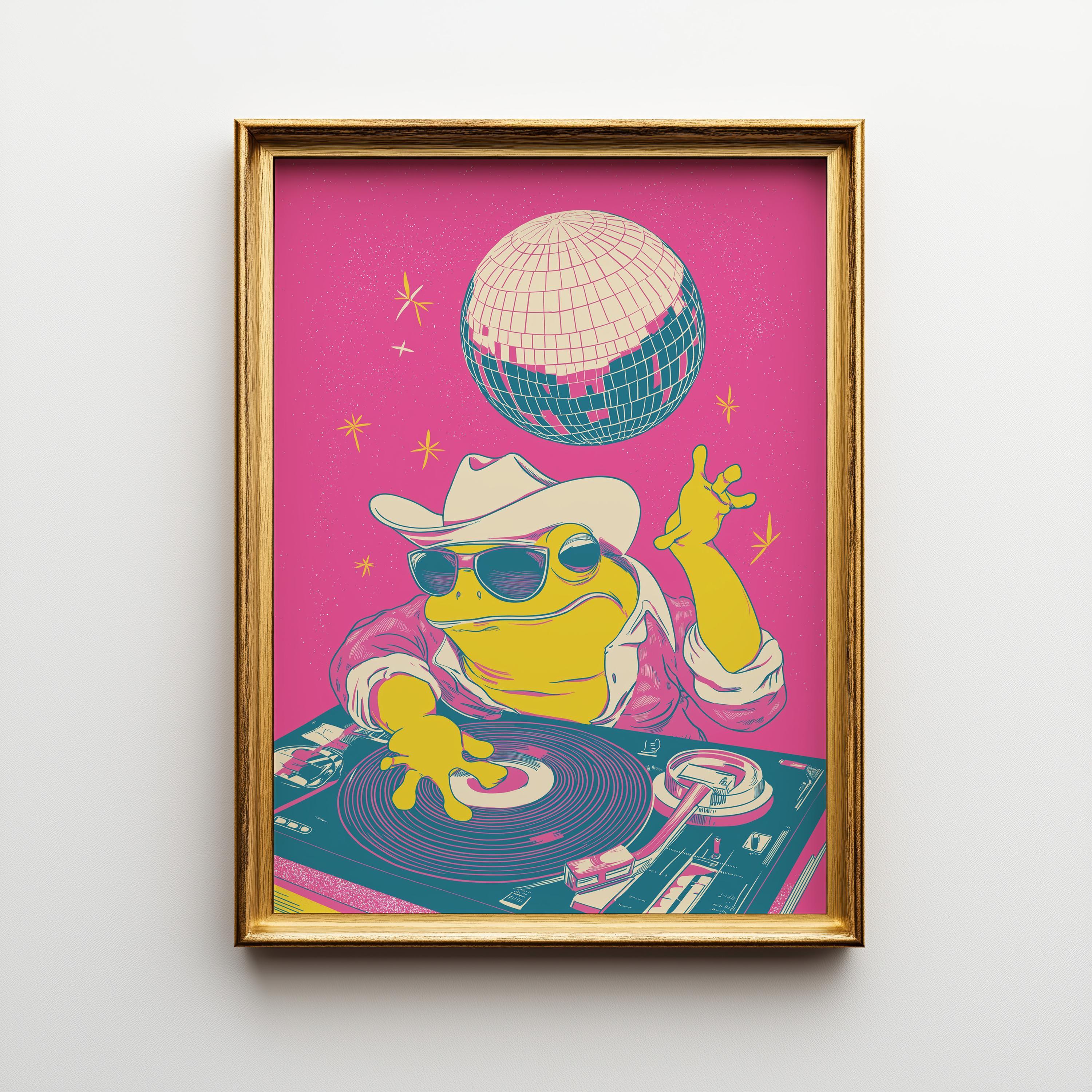 Frog DJ Disco Retro Animal Pink Maximalist Wall Art by The Wall Art Studio - physical