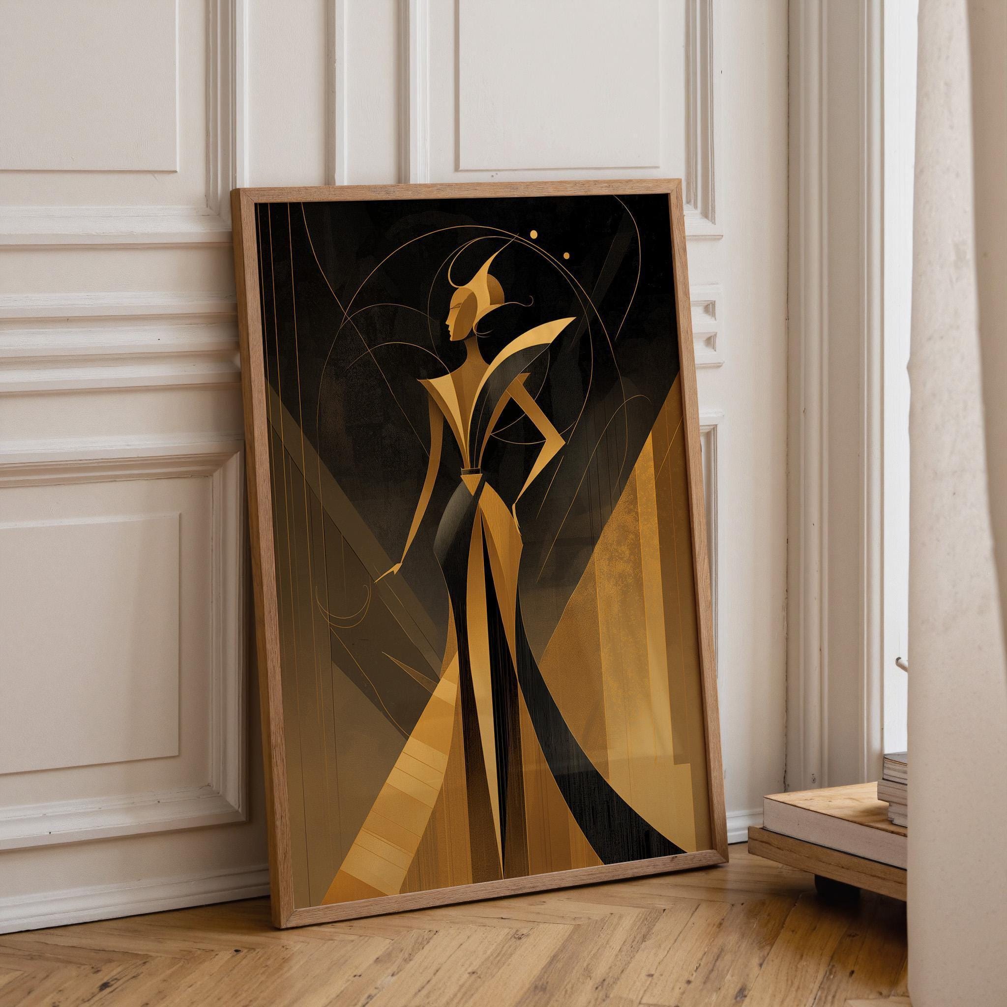 Art Deco lEegant Black & Gold Goddess Woman Wall Art by The Wall Art Studio