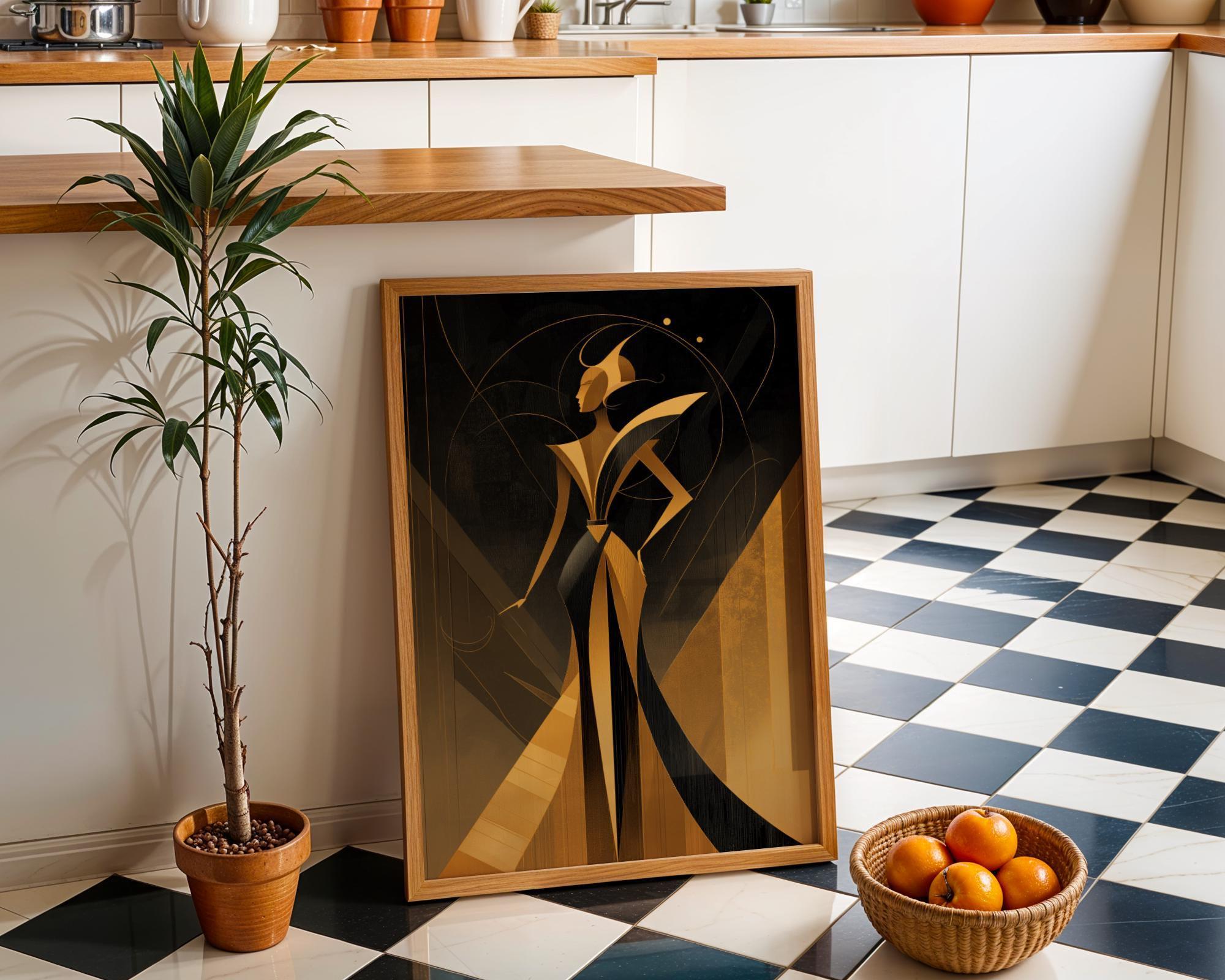 Elegant Black & Gold Goddess Art Deco Woman Wall Art by The Wall Art Studio