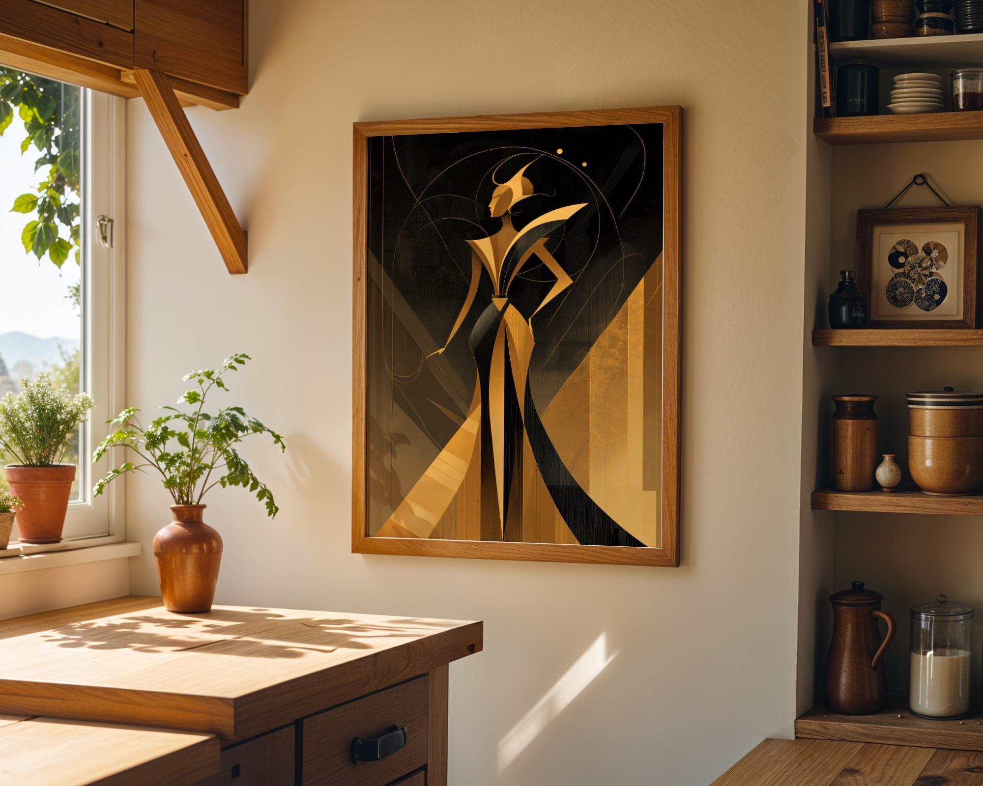 Elegant Black & Gold Goddess Art Deco Woman Wall Art by The Wall Art Studio