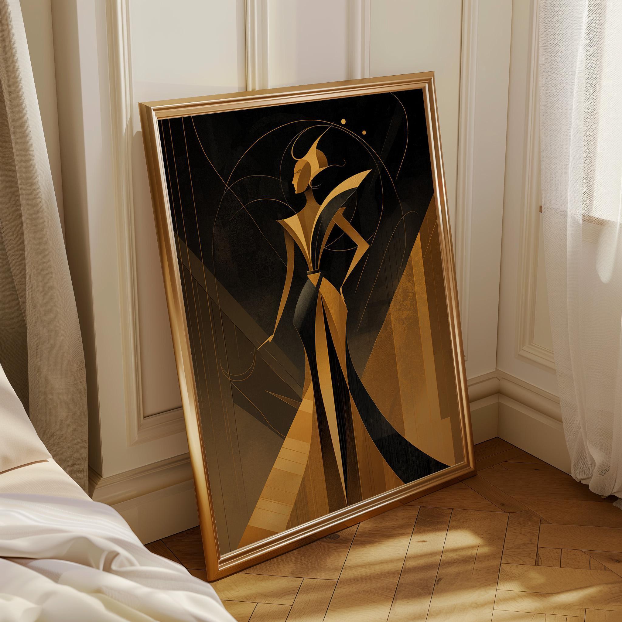 Art Deco lEegant Black & Gold Goddess Woman Wall Art by The Wall Art Studio