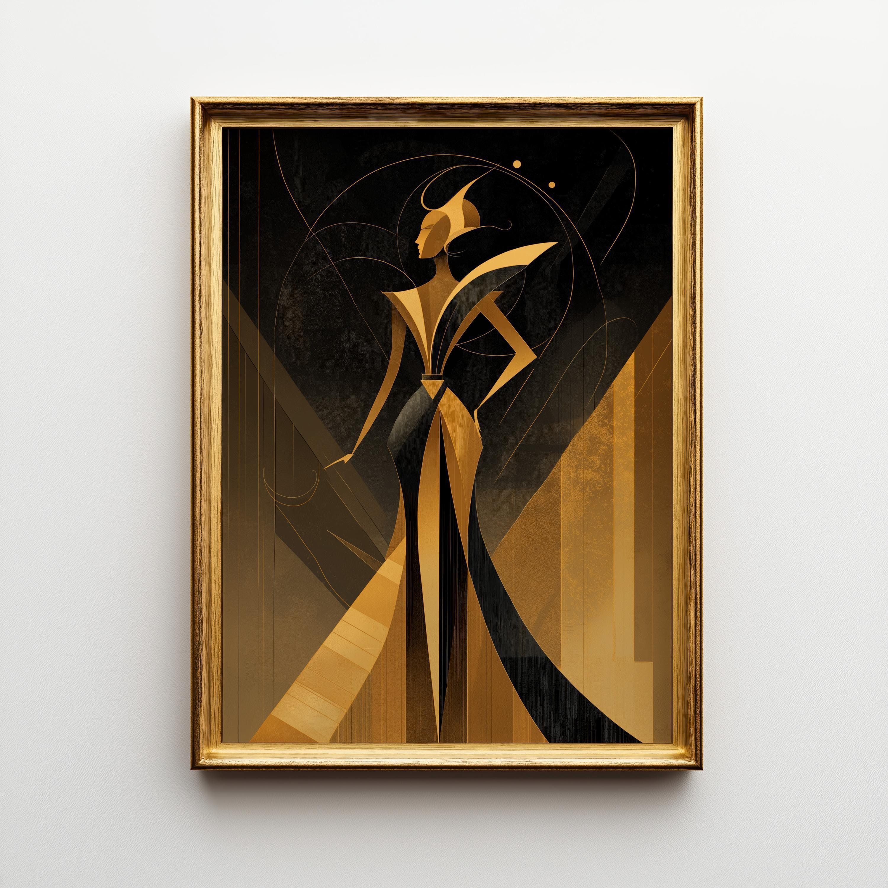 Art Deco lEegant Black & Gold Goddess Woman Wall Art by The Wall Art Studio