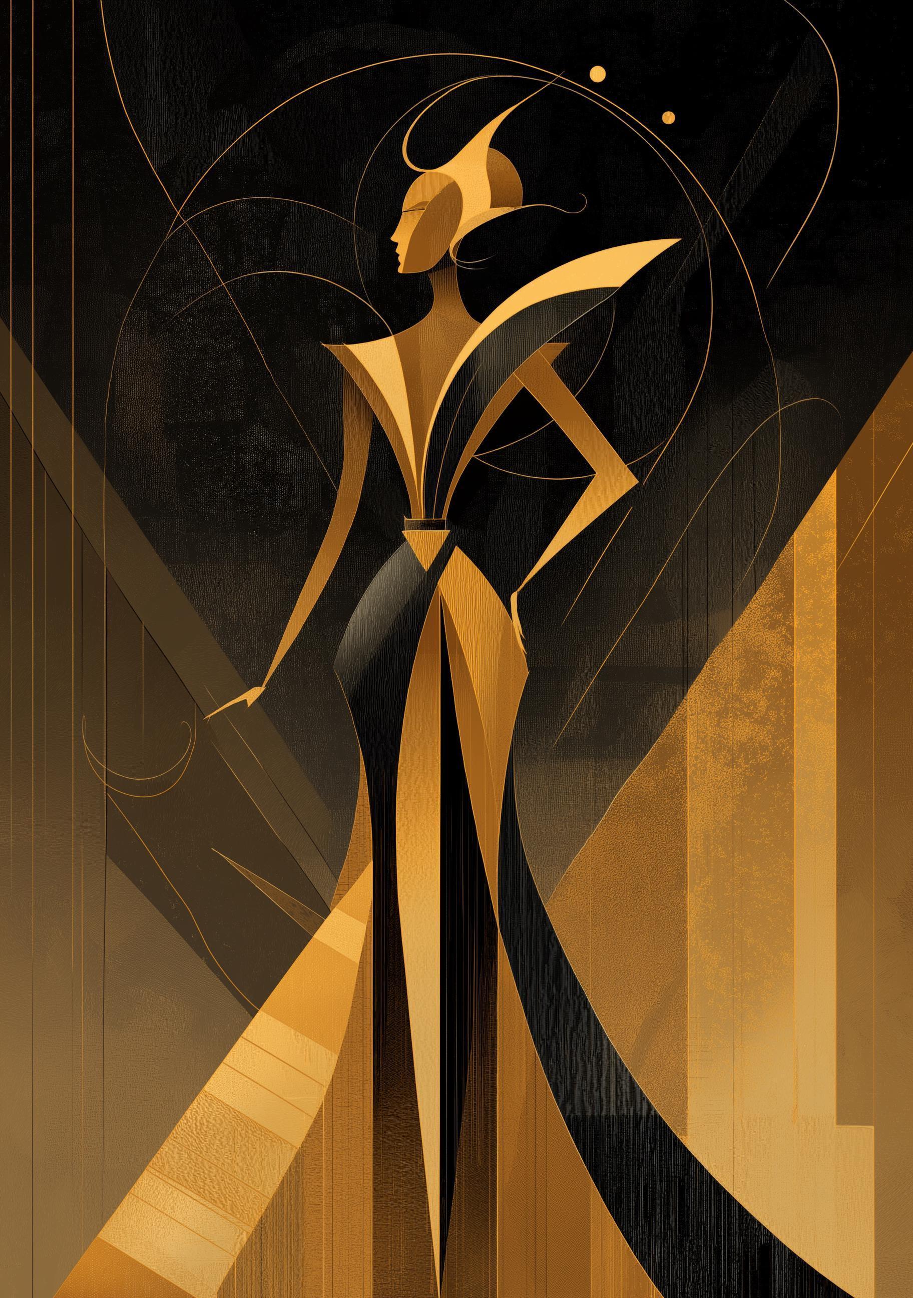Elegant Black & Gold Goddess Art Deco Woman Wall Art by The Wall Art Studio