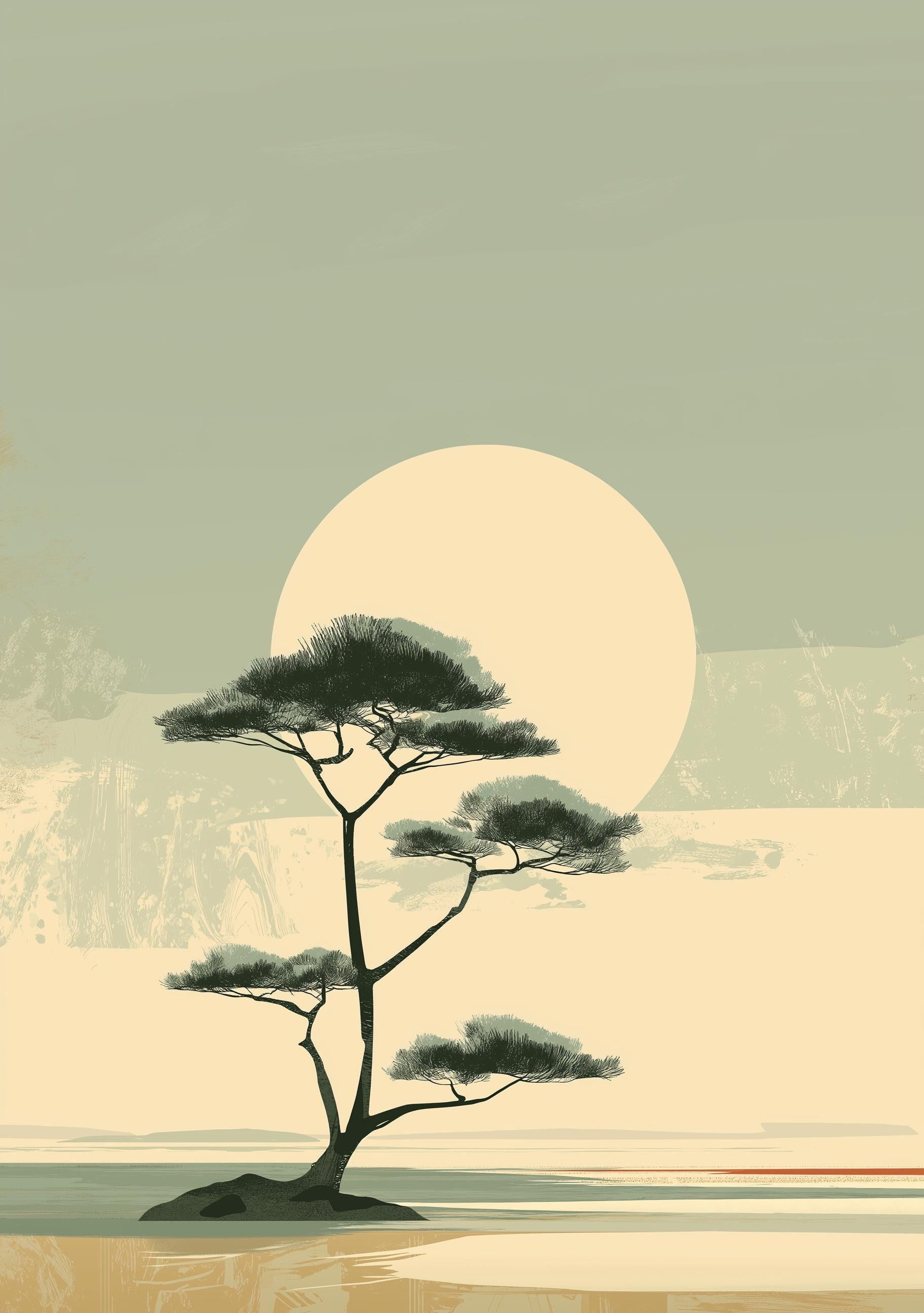 Minimalist Japanese Tree Landscape Japandi Wall Art by The Wall Art Studio