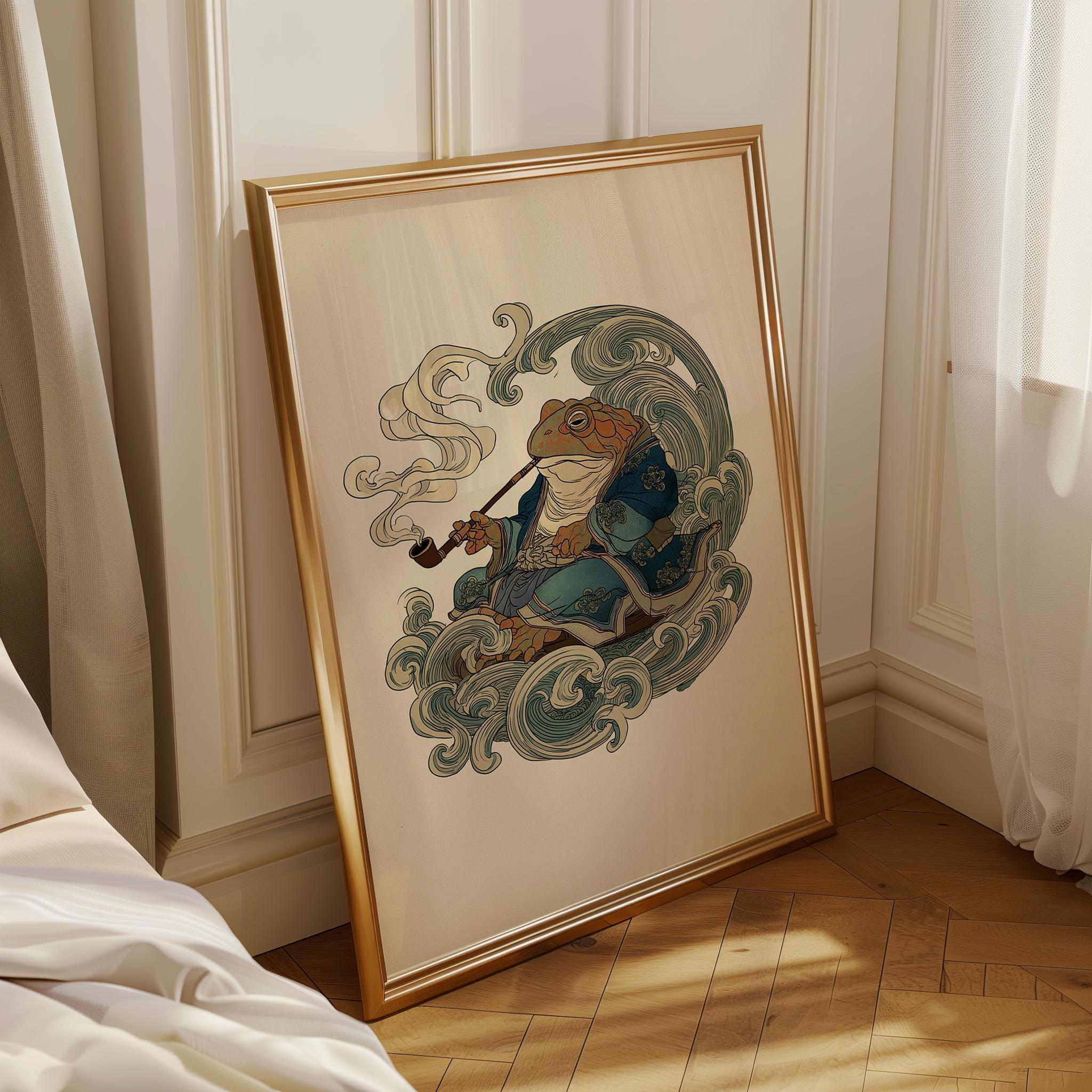 Japanese Whimsical Frog in Kimono, Yokai-Inspired Wall Art by The Wall Art Studio