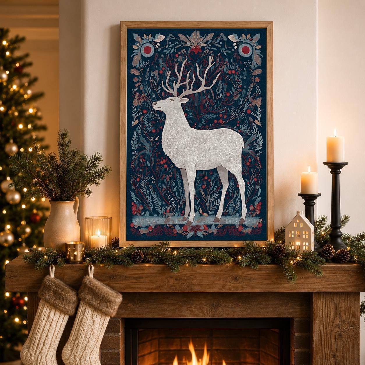 Scandinavian Christmas Nordic Reindeer Wall Art by The Wall Art Studio