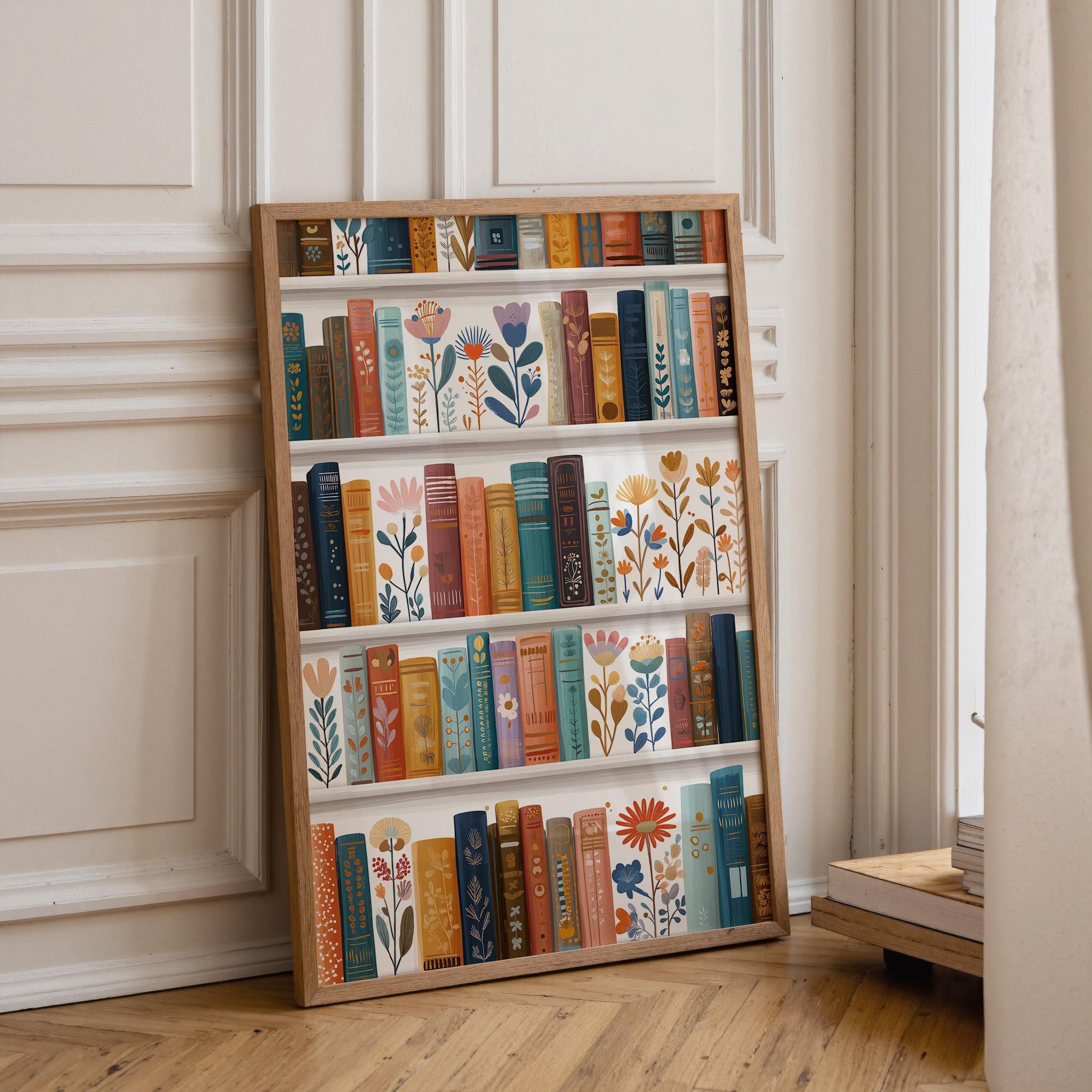 Floral Bookshelf Botanical Book LoverWhimsical Library Wall Art by The Wall Art Studio