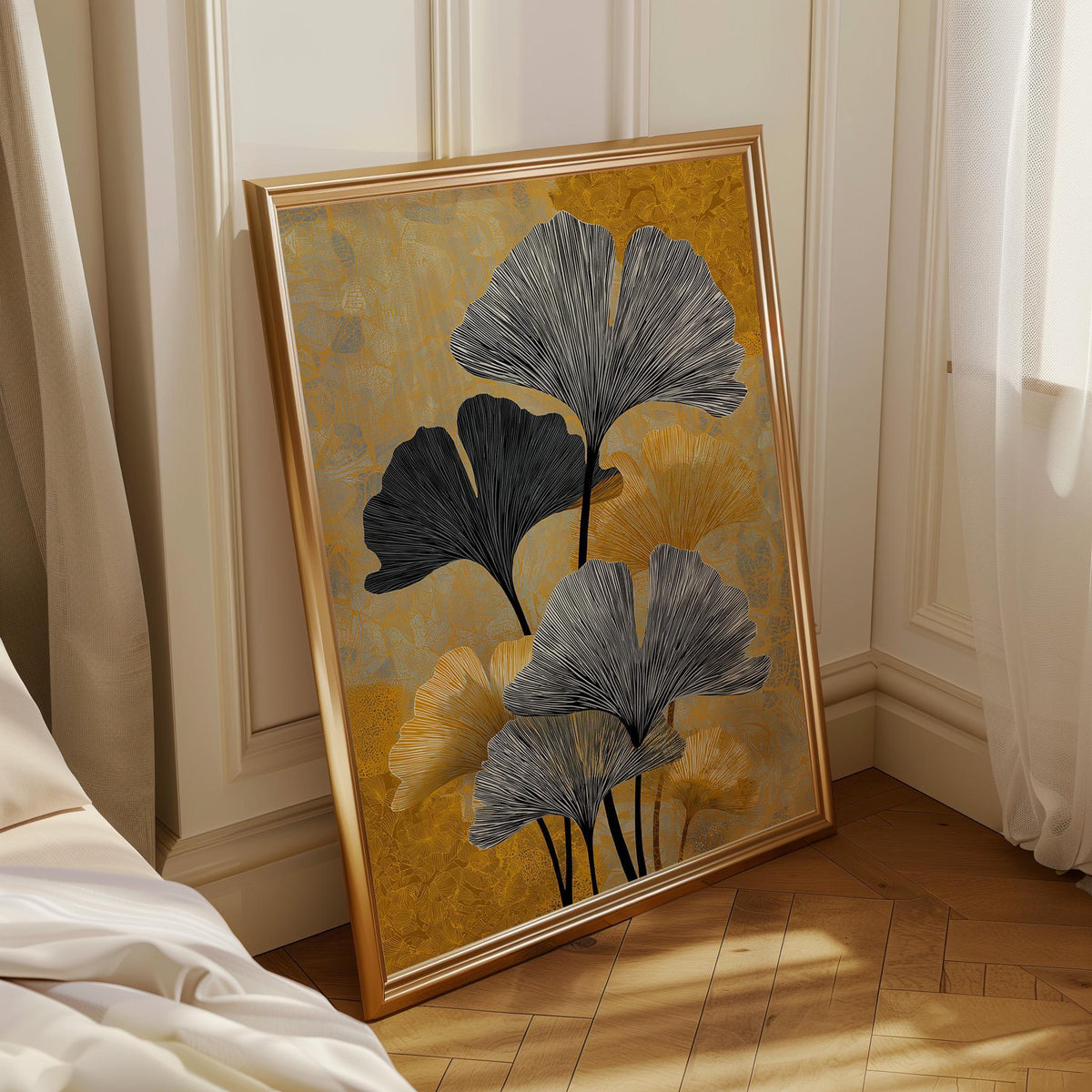 Black & Gold Ginkgo Minimalist Botanical Art Deco Leaf Wall Art