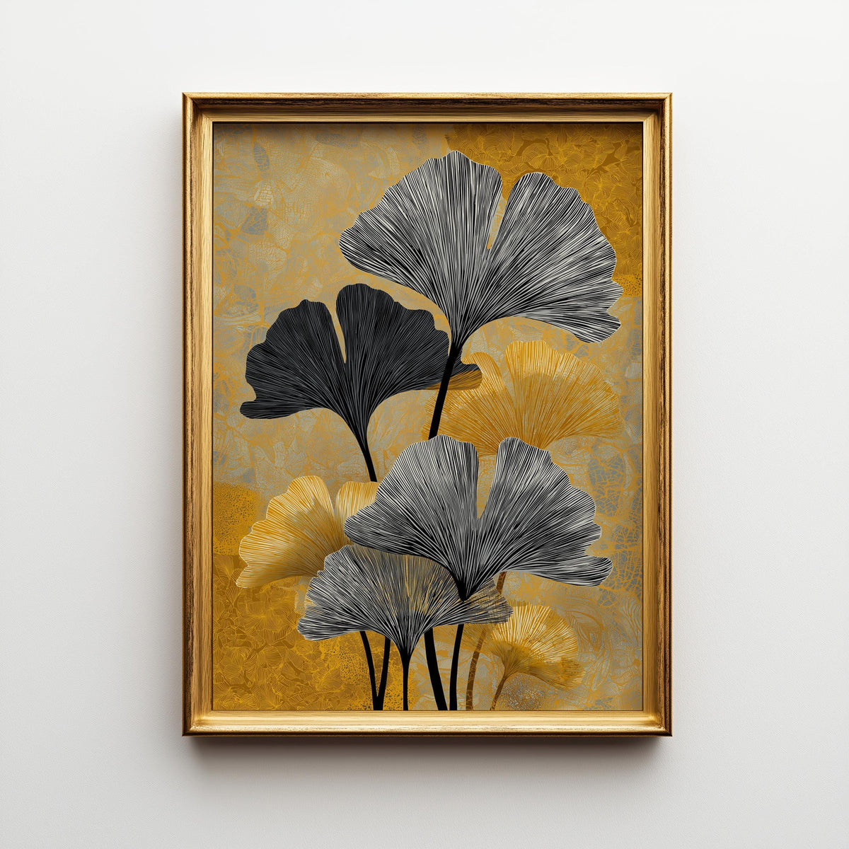 Black & Gold Ginkgo Minimalist Botanical Art Deco Leaf Wall Art