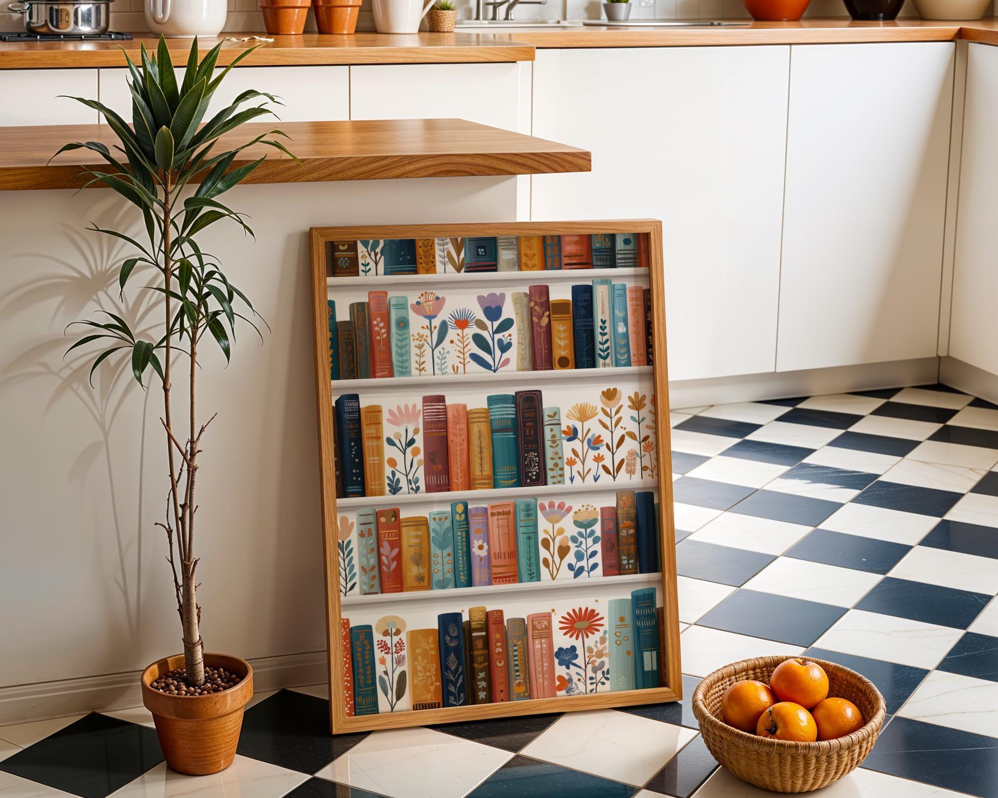 Floral Bookshelf Botanical Book LoverWhimsical Library Wall Art by The Wall Art Studio