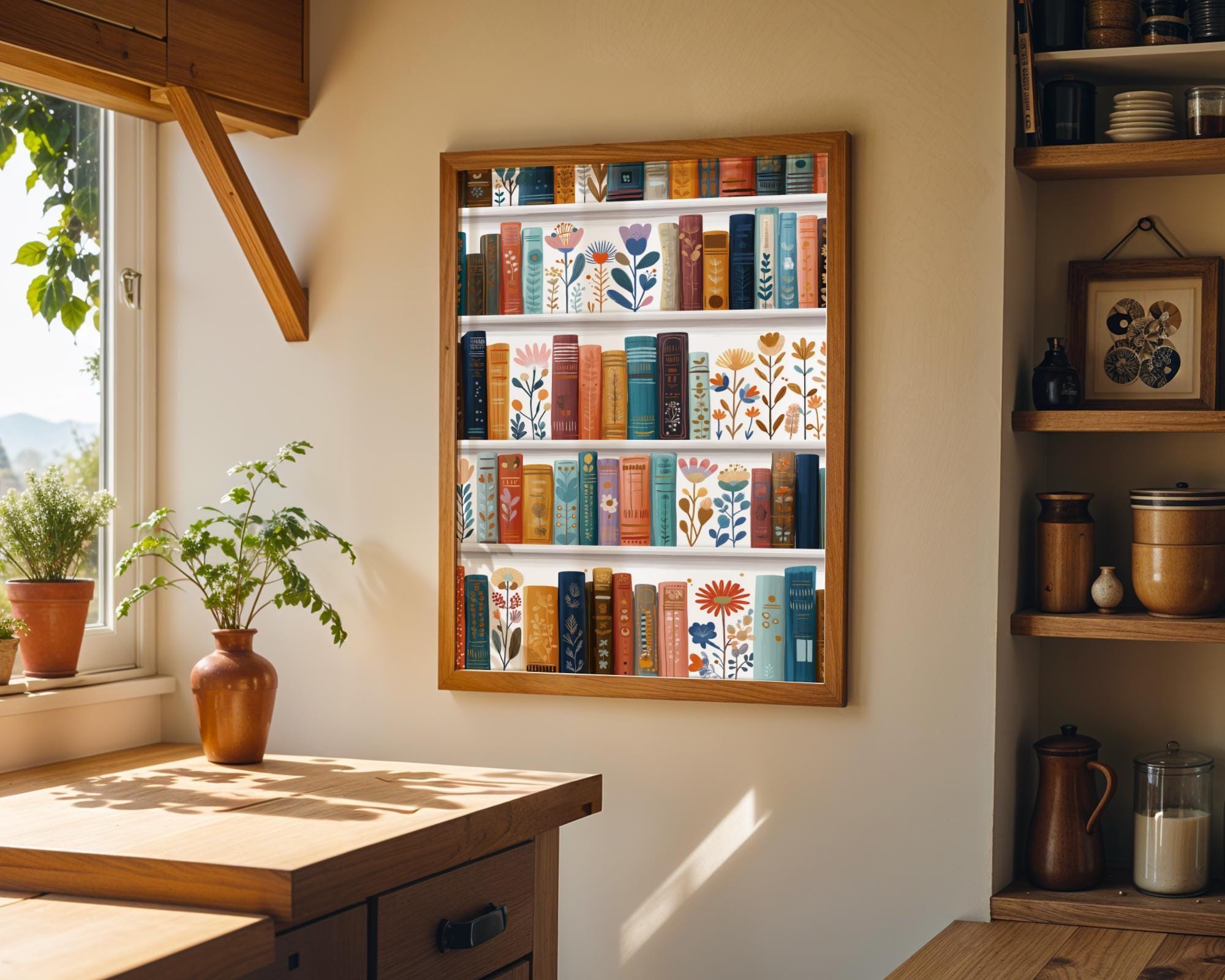 Floral Bookshelf Botanical Book LoverWhimsical Library Wall Art by The Wall Art Studio