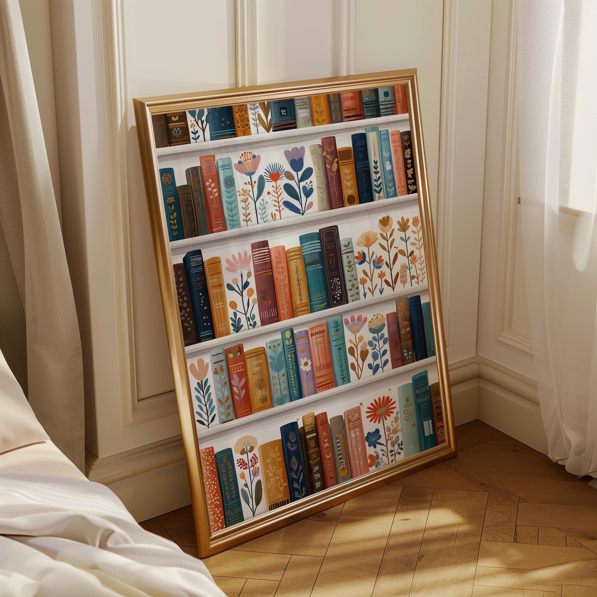 Floral Bookshelf Botanical Book LoverWhimsical Library Wall Art by The Wall Art Studio