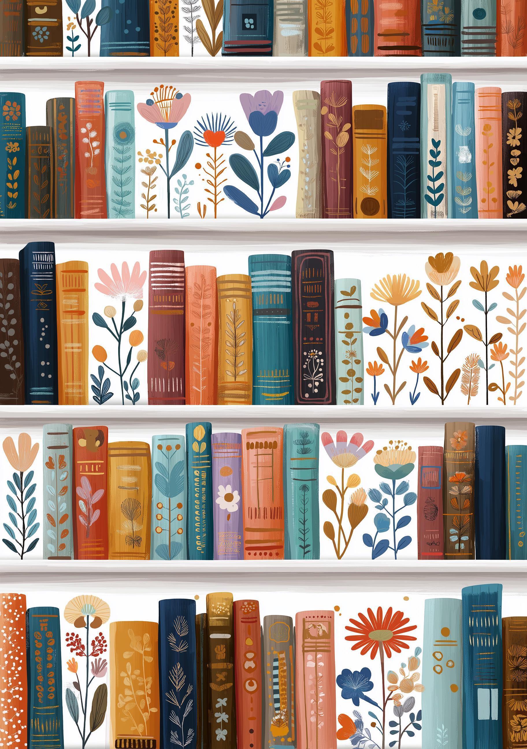 Floral Bookshelf Botanical Book LoverWhimsical Library Wall Art by The Wall Art Studio
