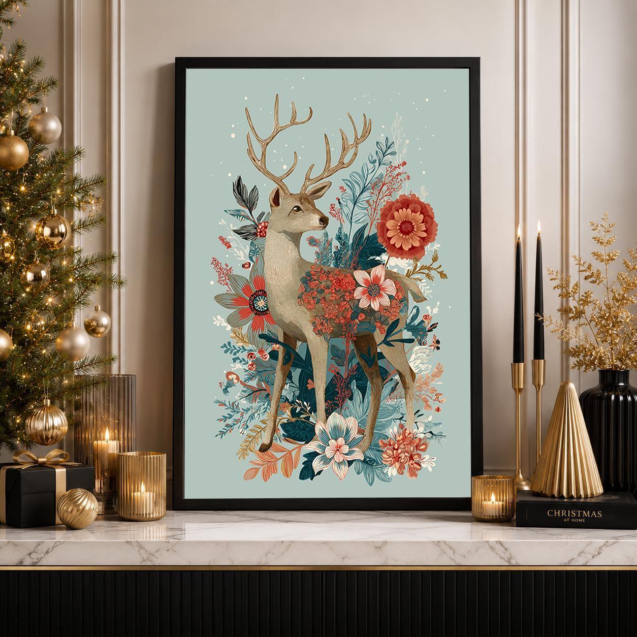 Floral Deer Christmas Woodland Rustic Winter Wall Art by The Wall Art Studio