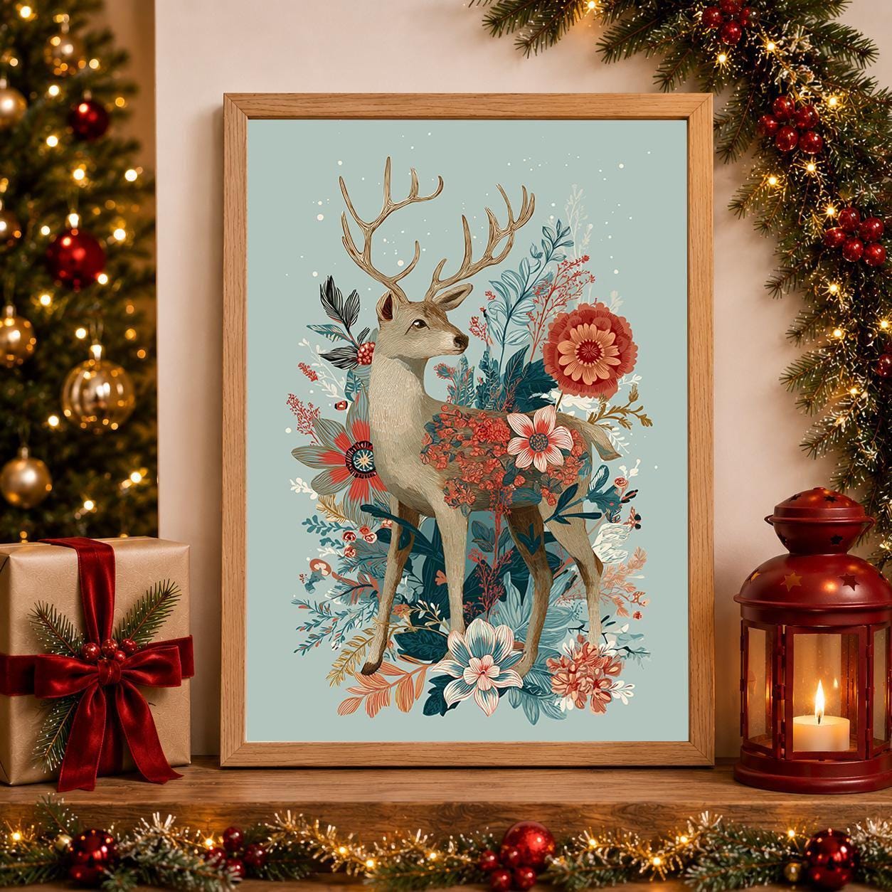 Floral Deer Christmas Woodland Rustic Winter Wall Art by The Wall Art Studio