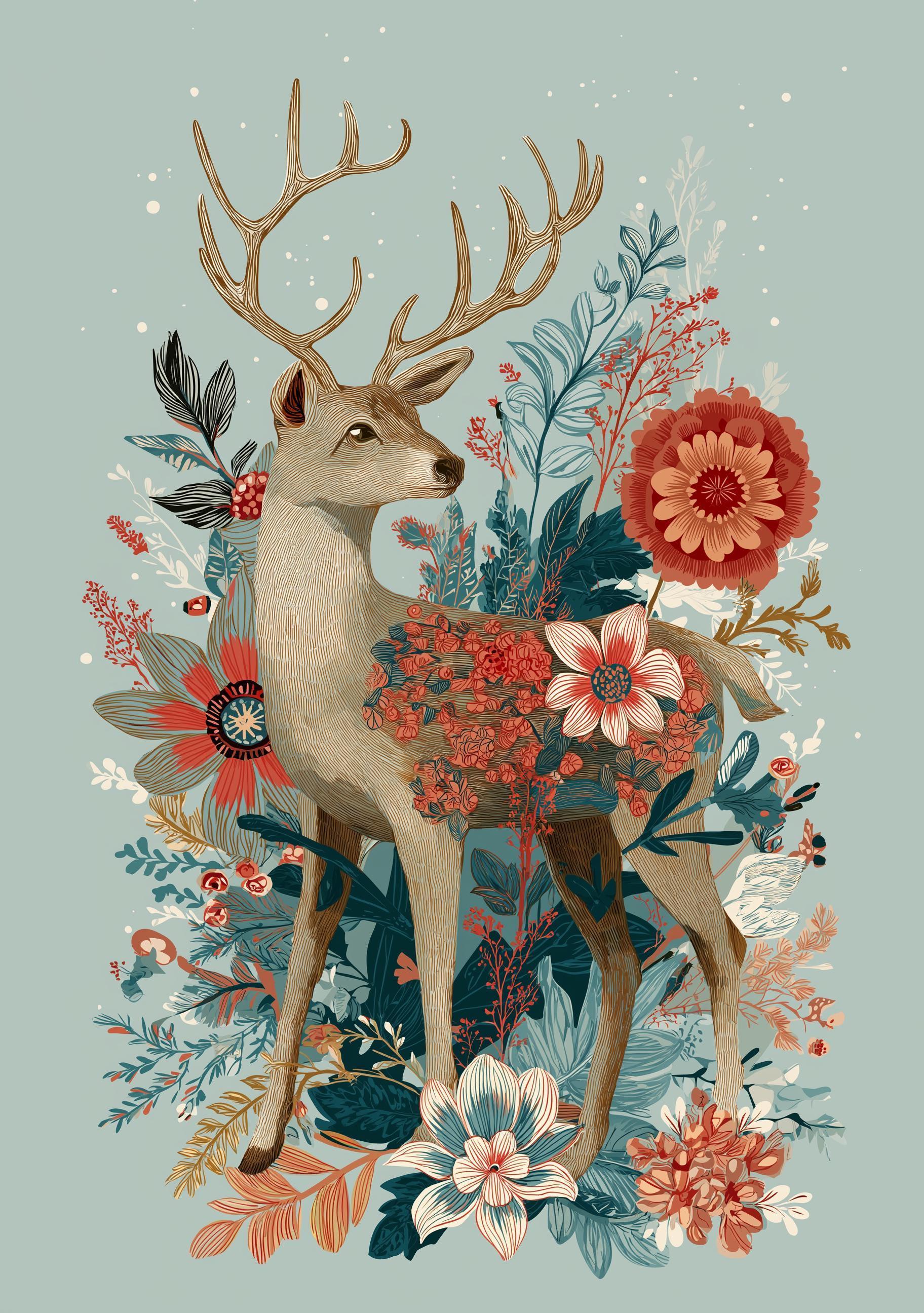 Floral Deer Christmas Woodland Rustic Winter Wall Art by The Wall Art Studio