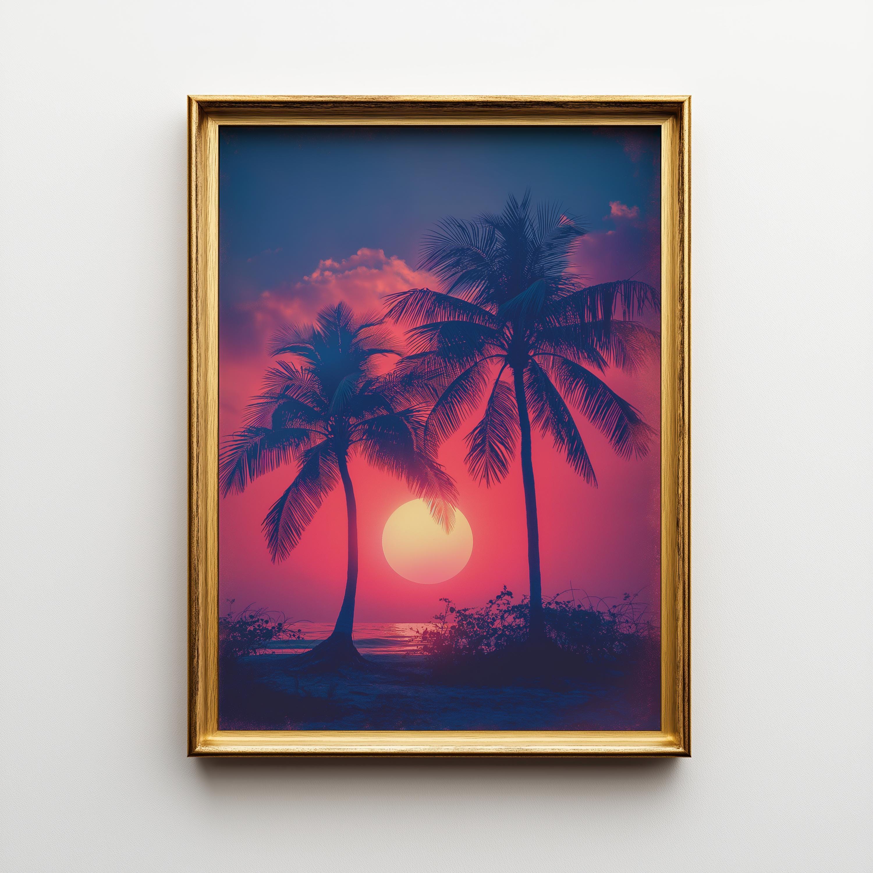 1980s Miami Sunset Retro Synthwave Palm Tree Wall Art by The Wall Art Studio