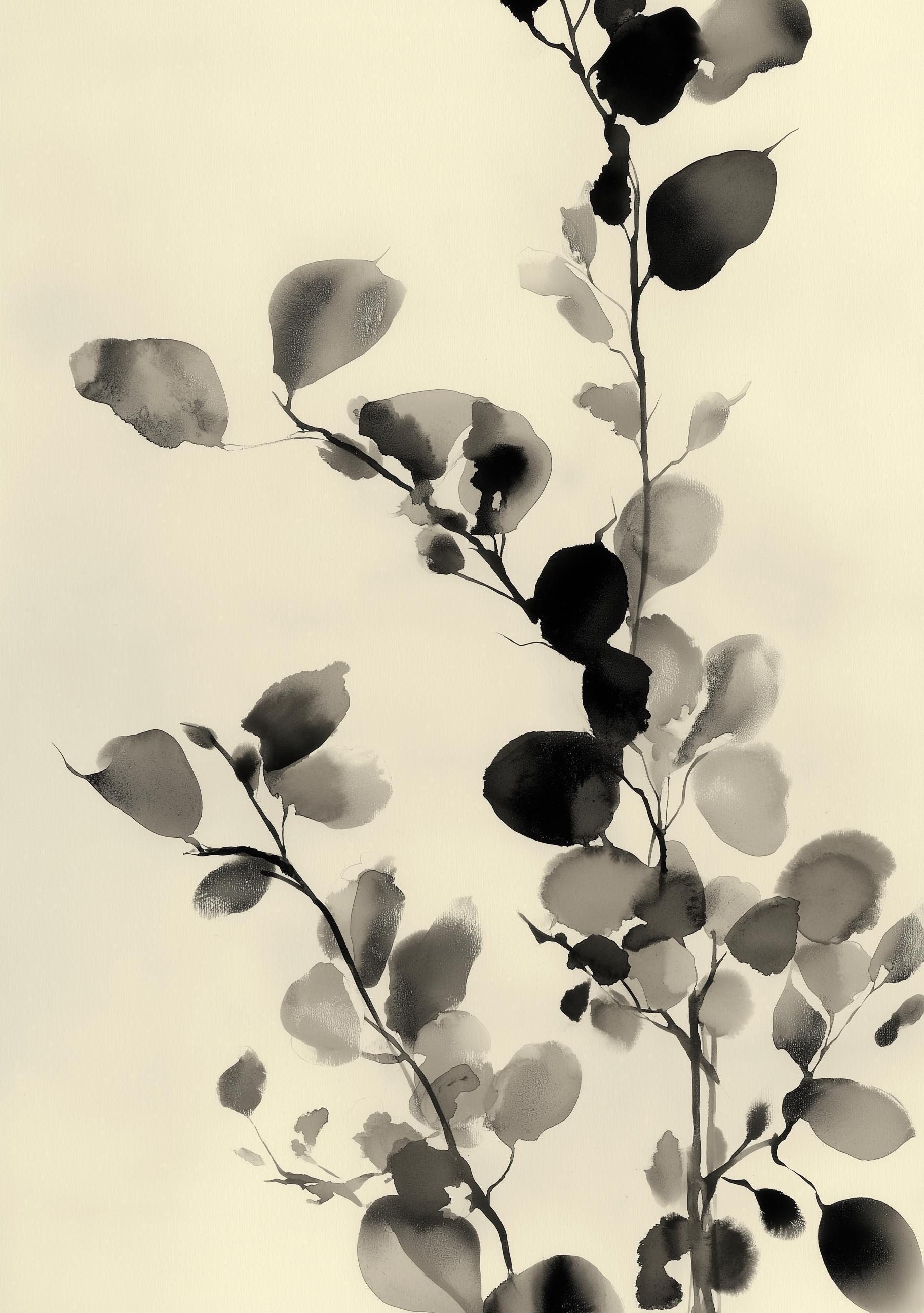Minimalist Botanical Black Ink Floral Japandi Botanical Wall Art