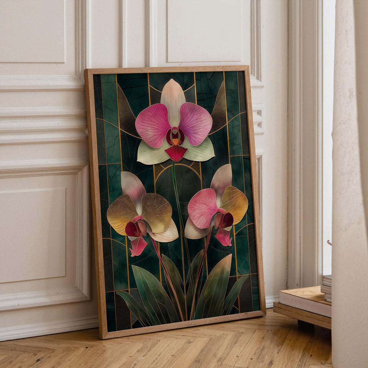 Art Deco Orchid Emerald Green and Gold Floral Vintage Luxury Wall Art