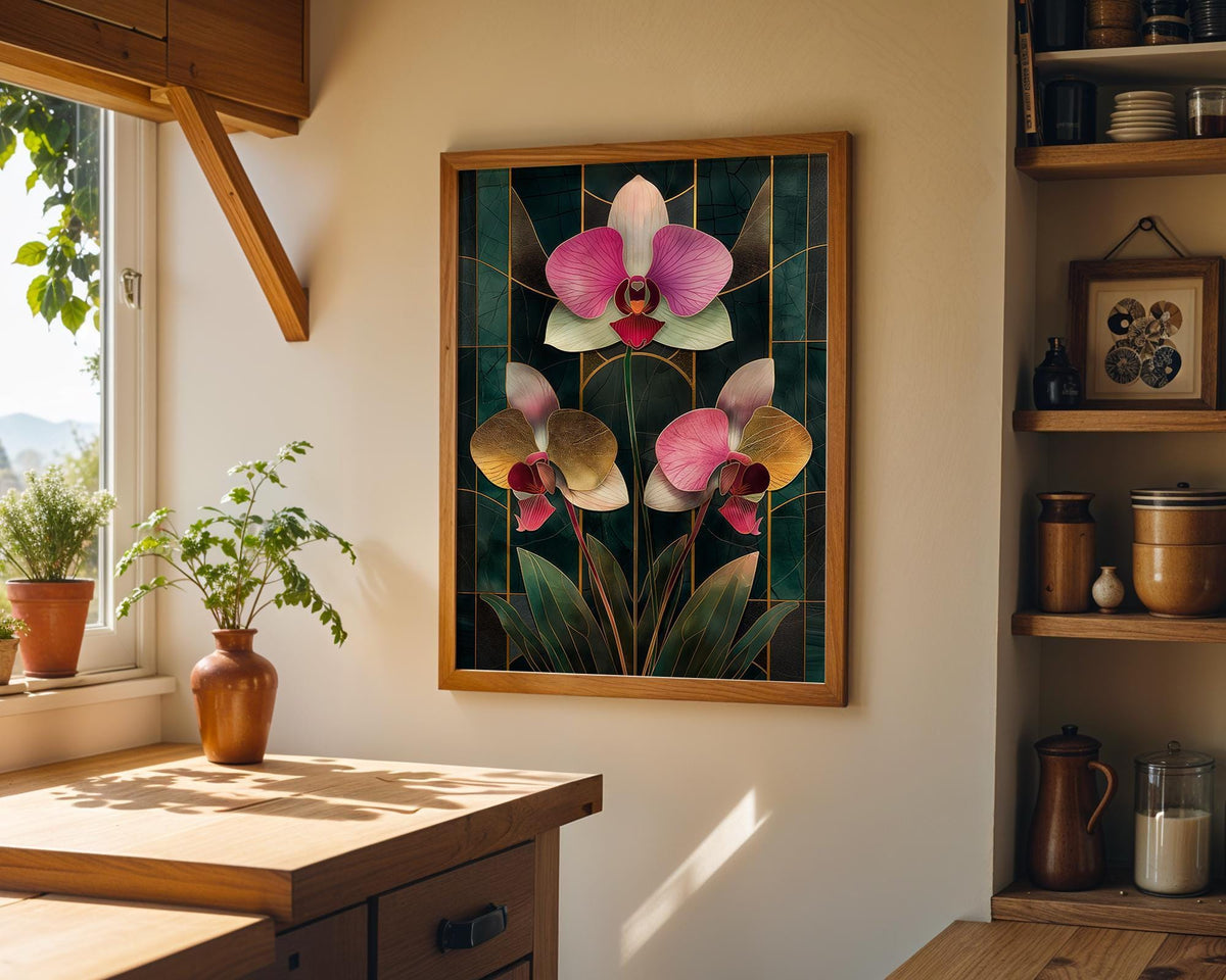 Art Deco Orchid Emerald Green and Gold Floral Vintage Luxury Wall Art