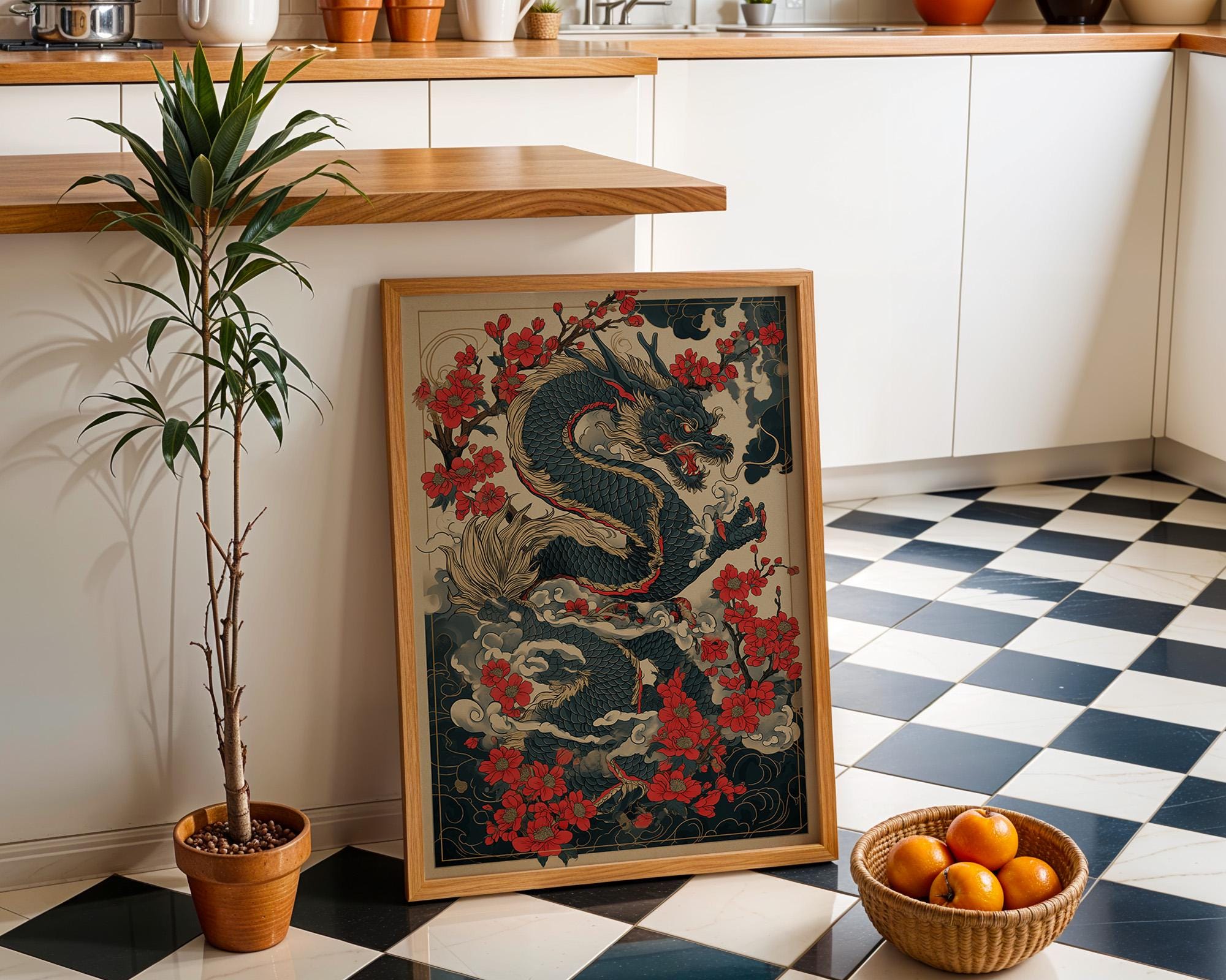 Japanese Dragon Cherry Blossom Oriental Tattoo Style Wall Art