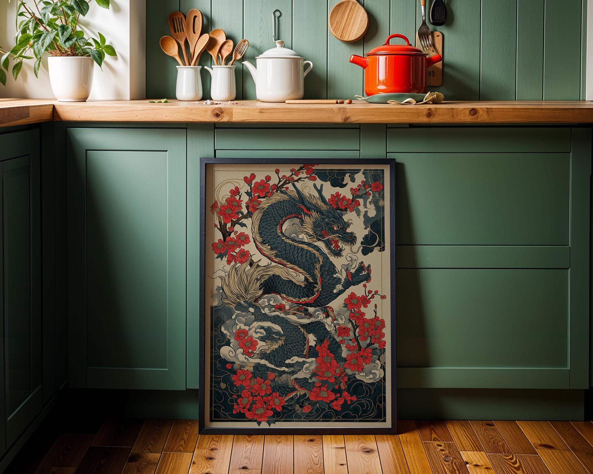 Japanese Dragon Cherry Blossom Oriental Tattoo Style Wall Art