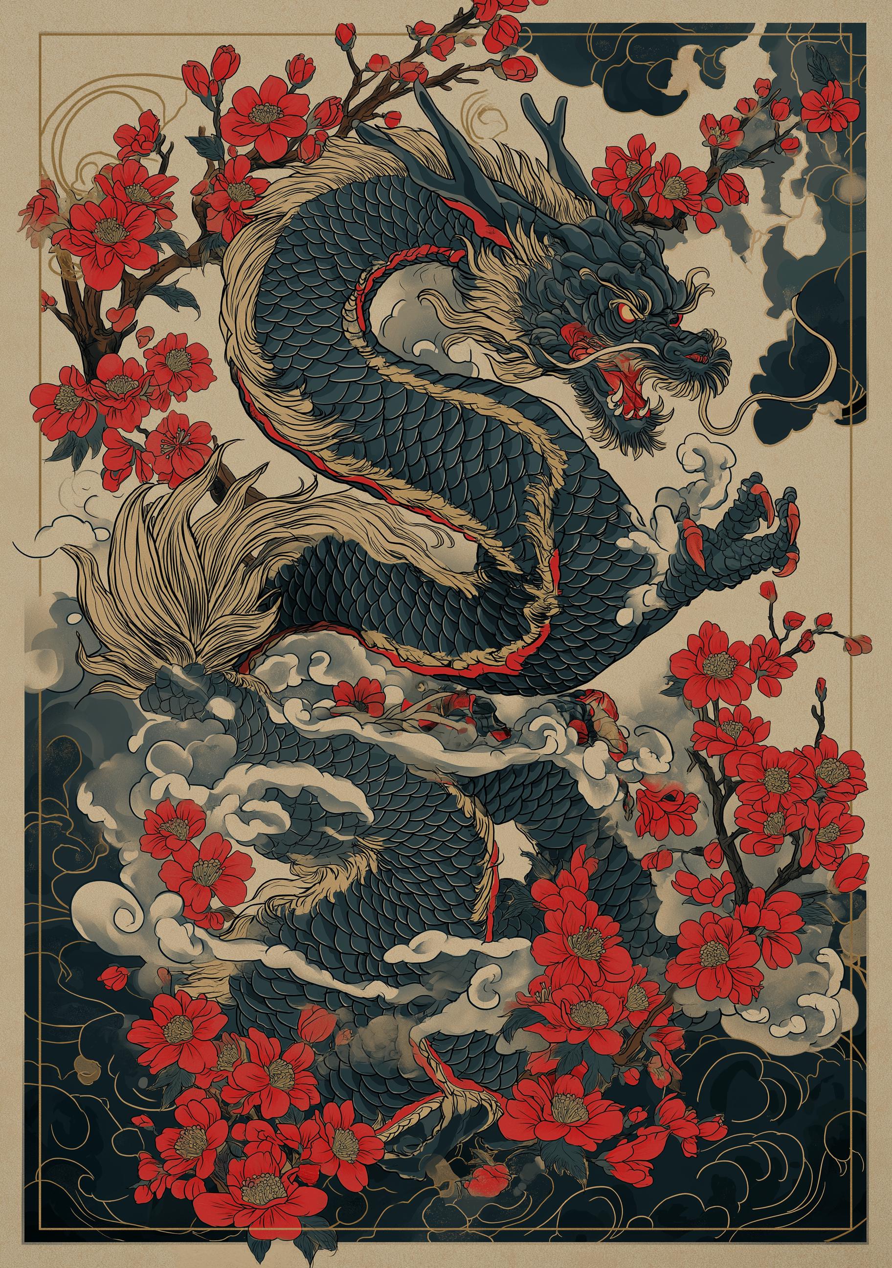 Japanese Dragon Cherry Blossom Oriental Tattoo Style Wall Art