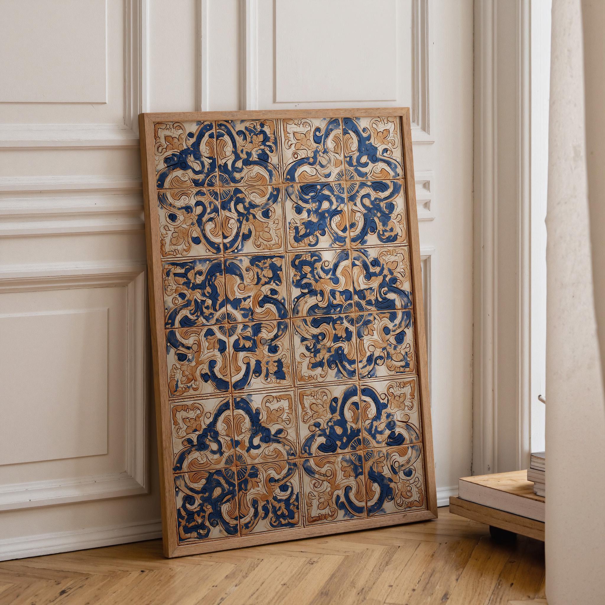 Spanish Tile Pattern Wall Art Mediterranean Azulejos Blue & Terracotta Ceramic Style Wall Art