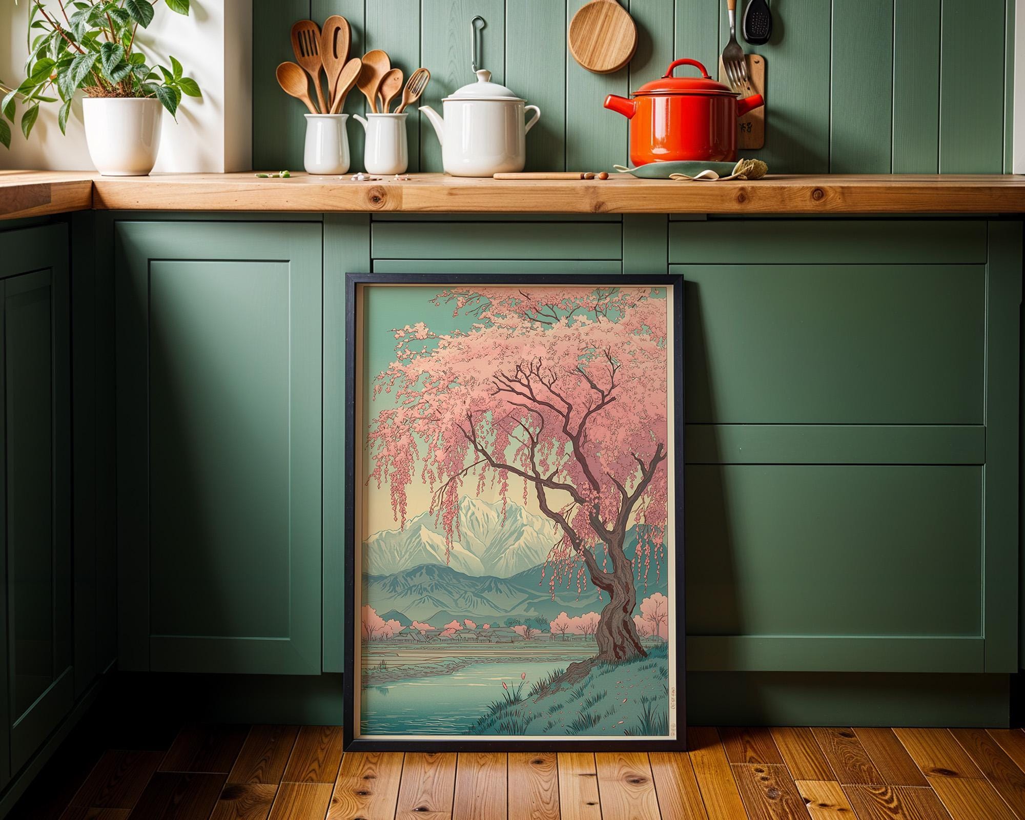Japanese Cherry Blossom Sakura Tree Pink Floral Mountain Wall Art by The Wall Art Studio
