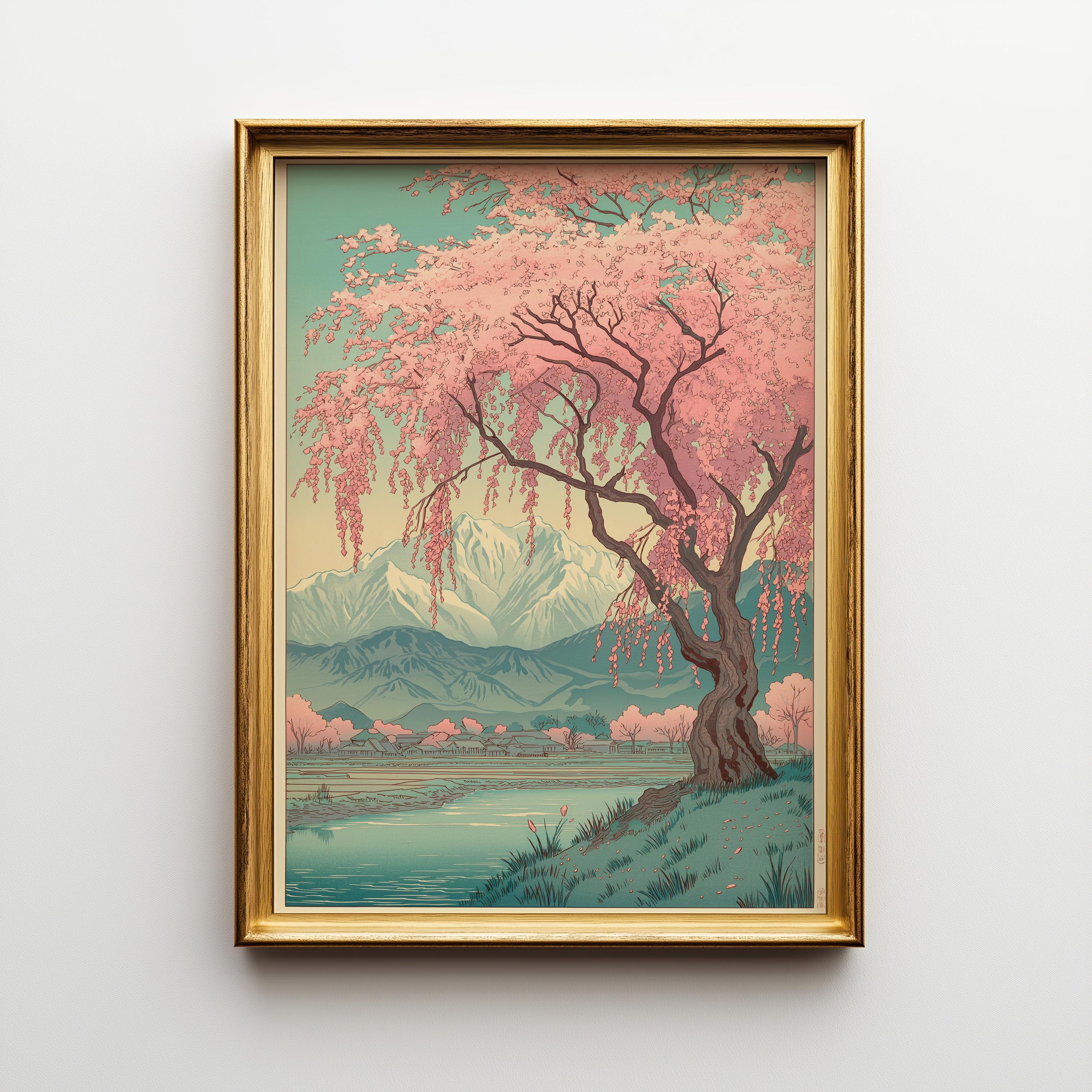 Japanese Cherry Blossom Sakura Tree Pink Floral Mountain Wall Art by The Wall Art Studio