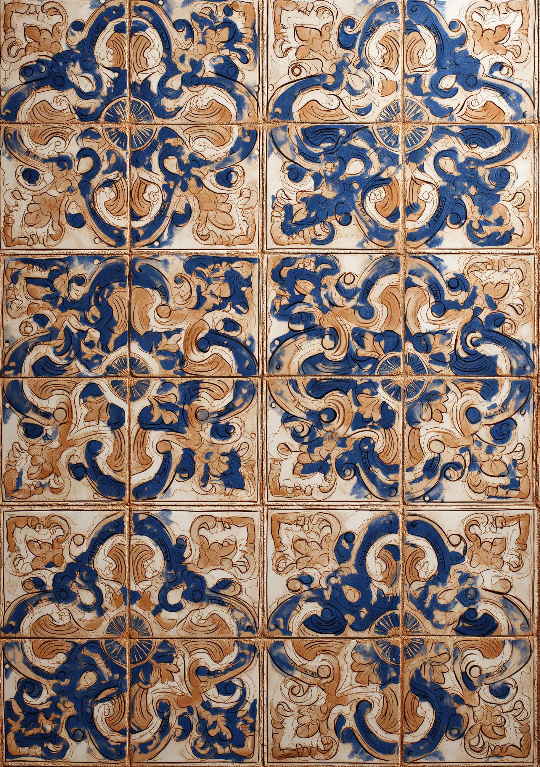 Spanish Tile Pattern Wall Art Mediterranean Azulejos Blue & Terracotta Ceramic Style Wall Art