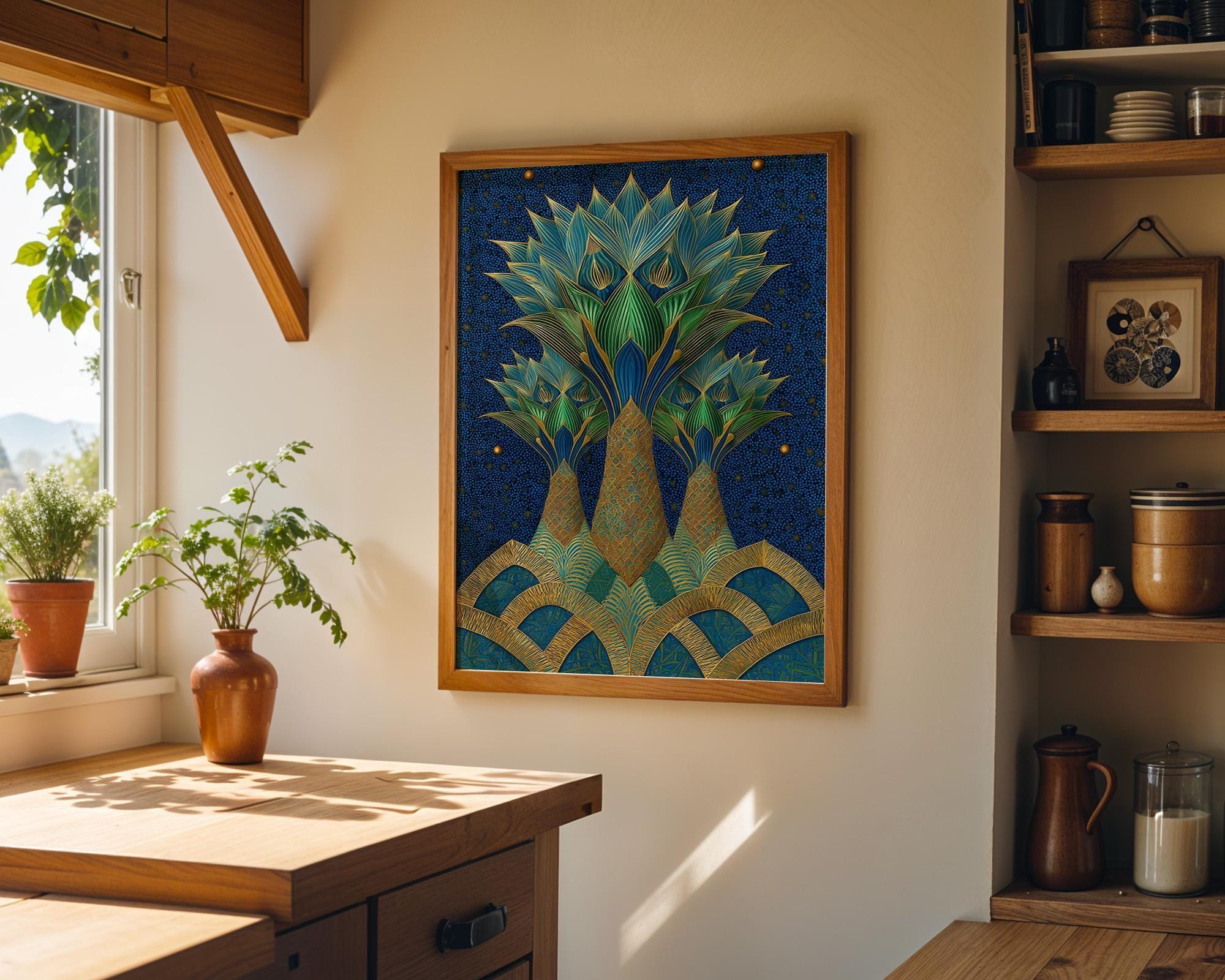 Islamic Palm Tree Blue & Gold Moroccan Wall Art by The Wall Art Studio