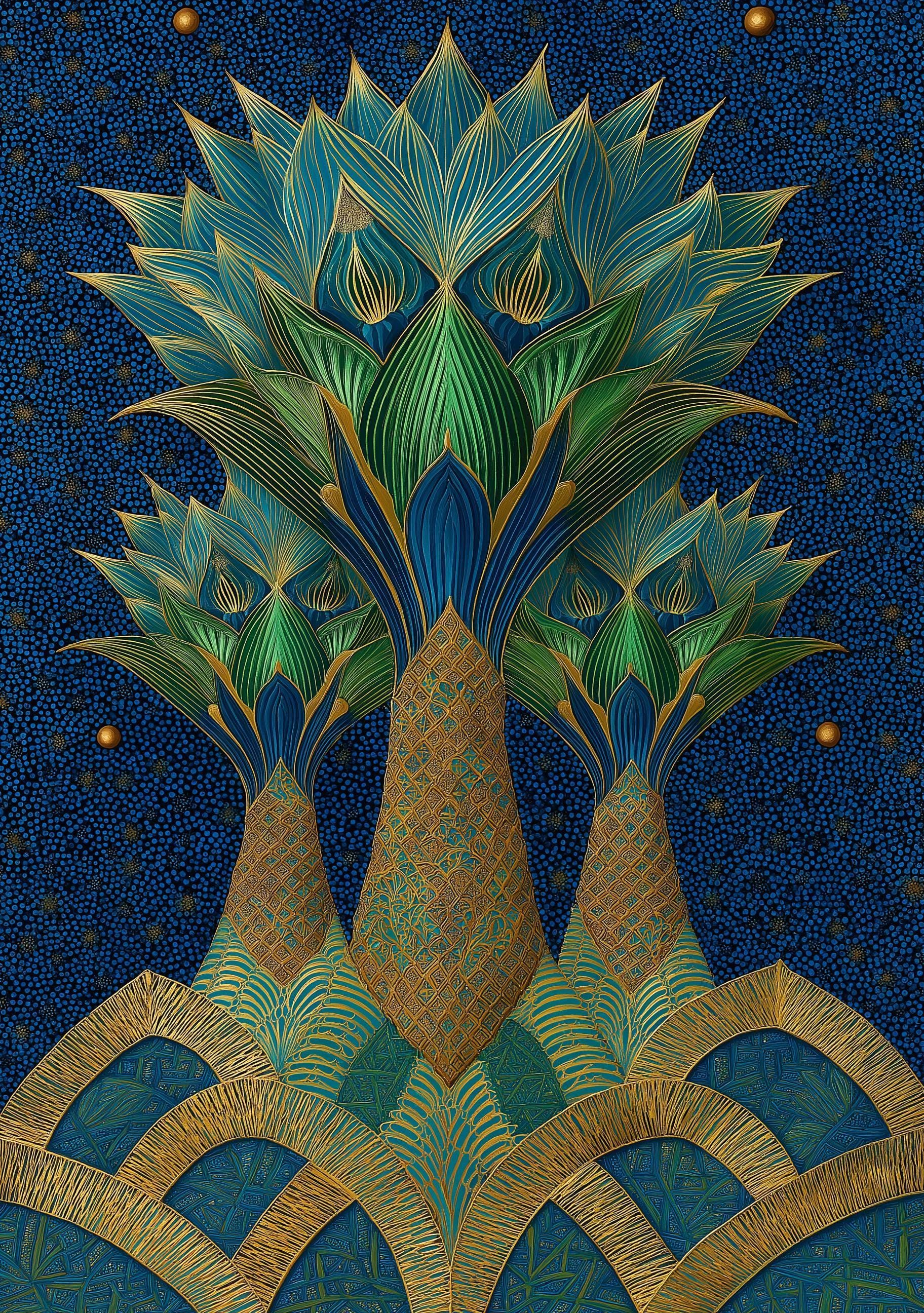 Islamic Palm Tree Blue & Gold Moroccan Wall Art by The Wall Art Studio