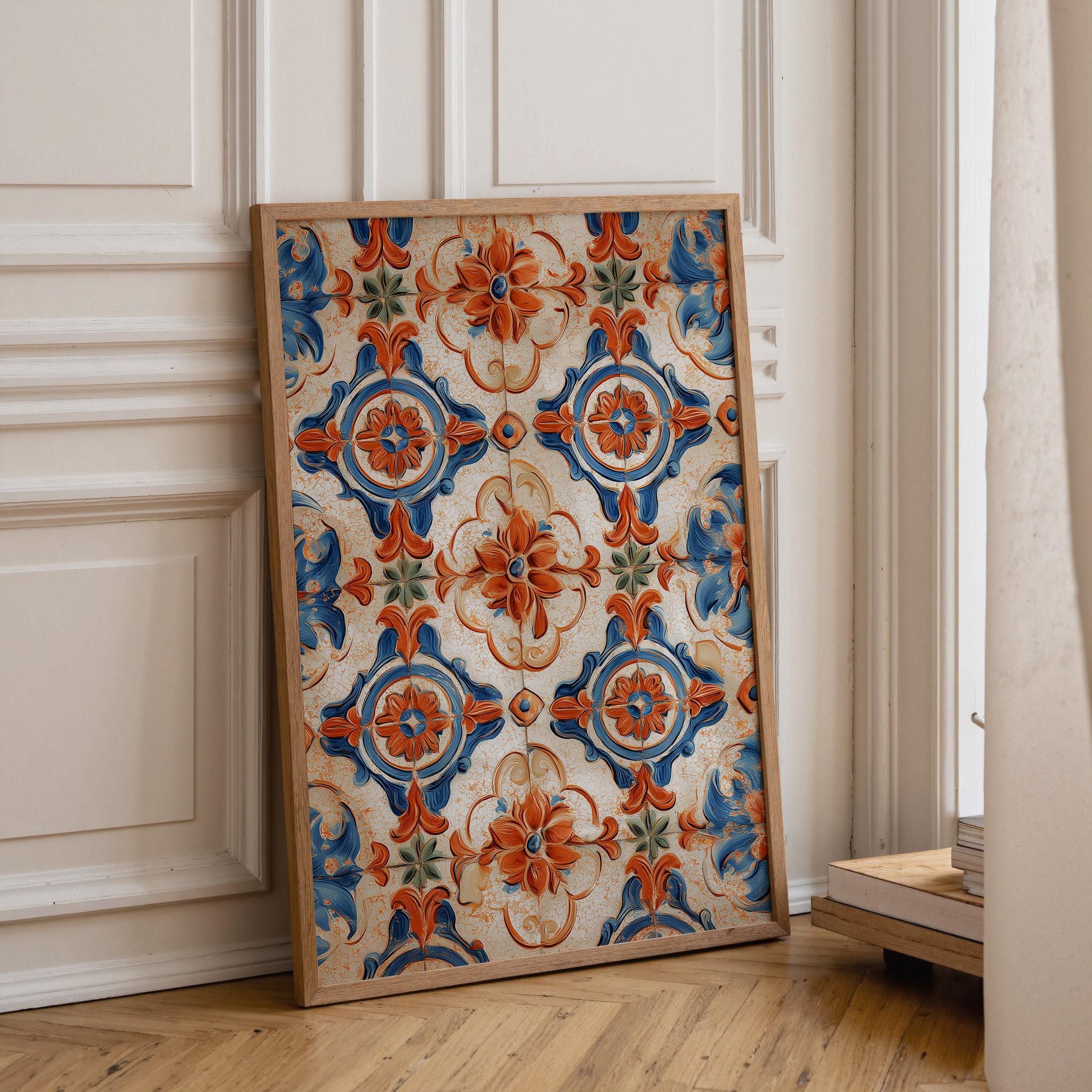 Spanish Tile Pattern Mediterranean Azulejos Blue & Terracotta Ceramic Style Wall Art