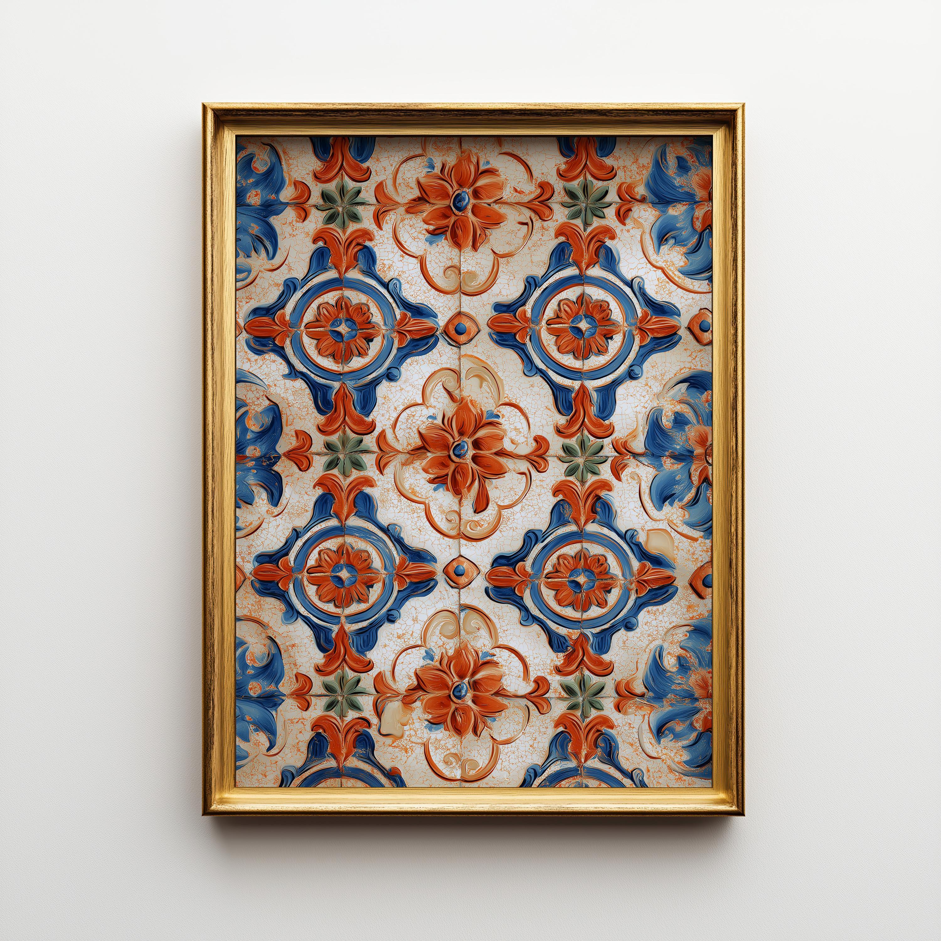 Spanish Tile Pattern Mediterranean Azulejos Blue & Terracotta Ceramic Style Wall Art