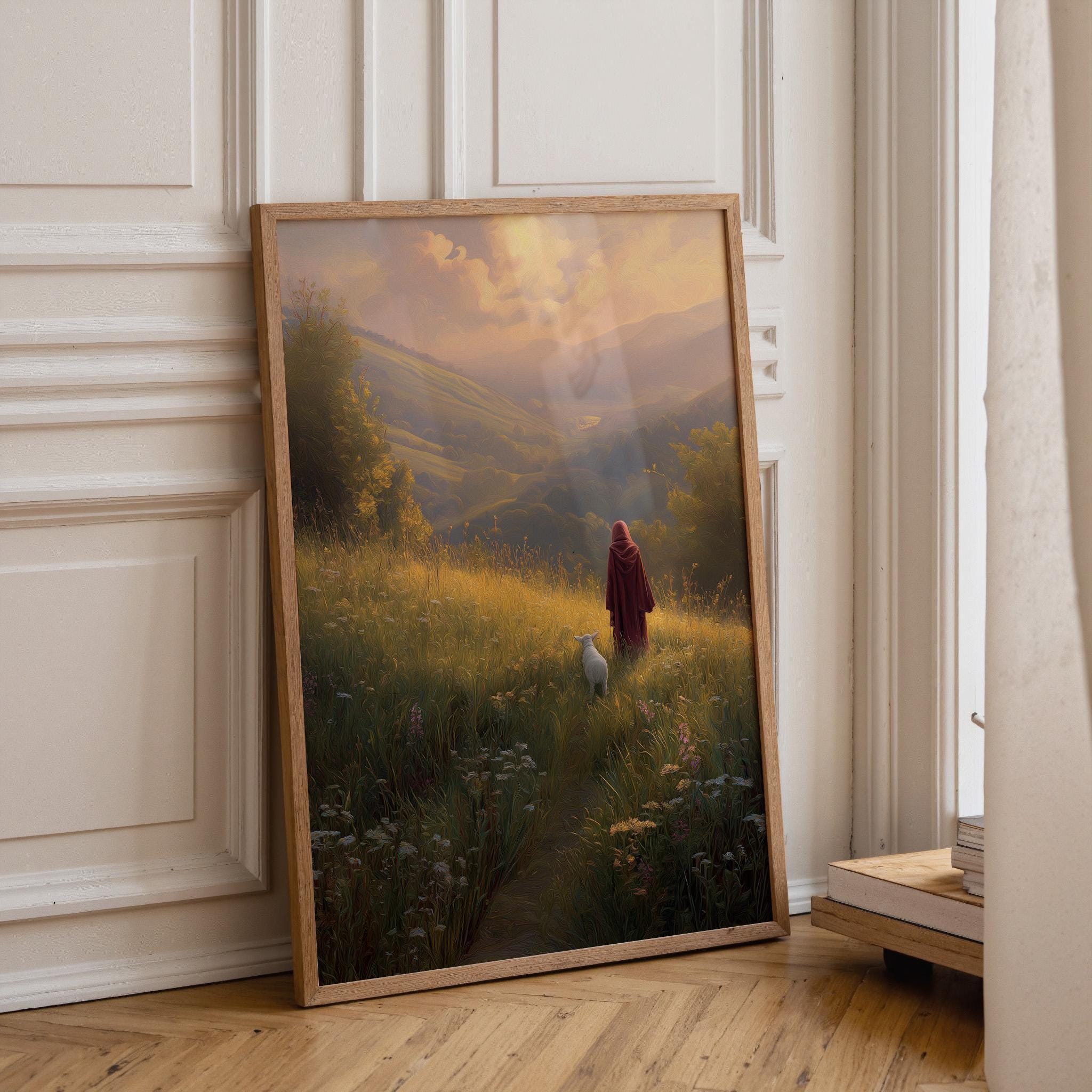 Jesus Walking with Lamb Faith Landscape Religious Wall Art by The Wall Art Studio