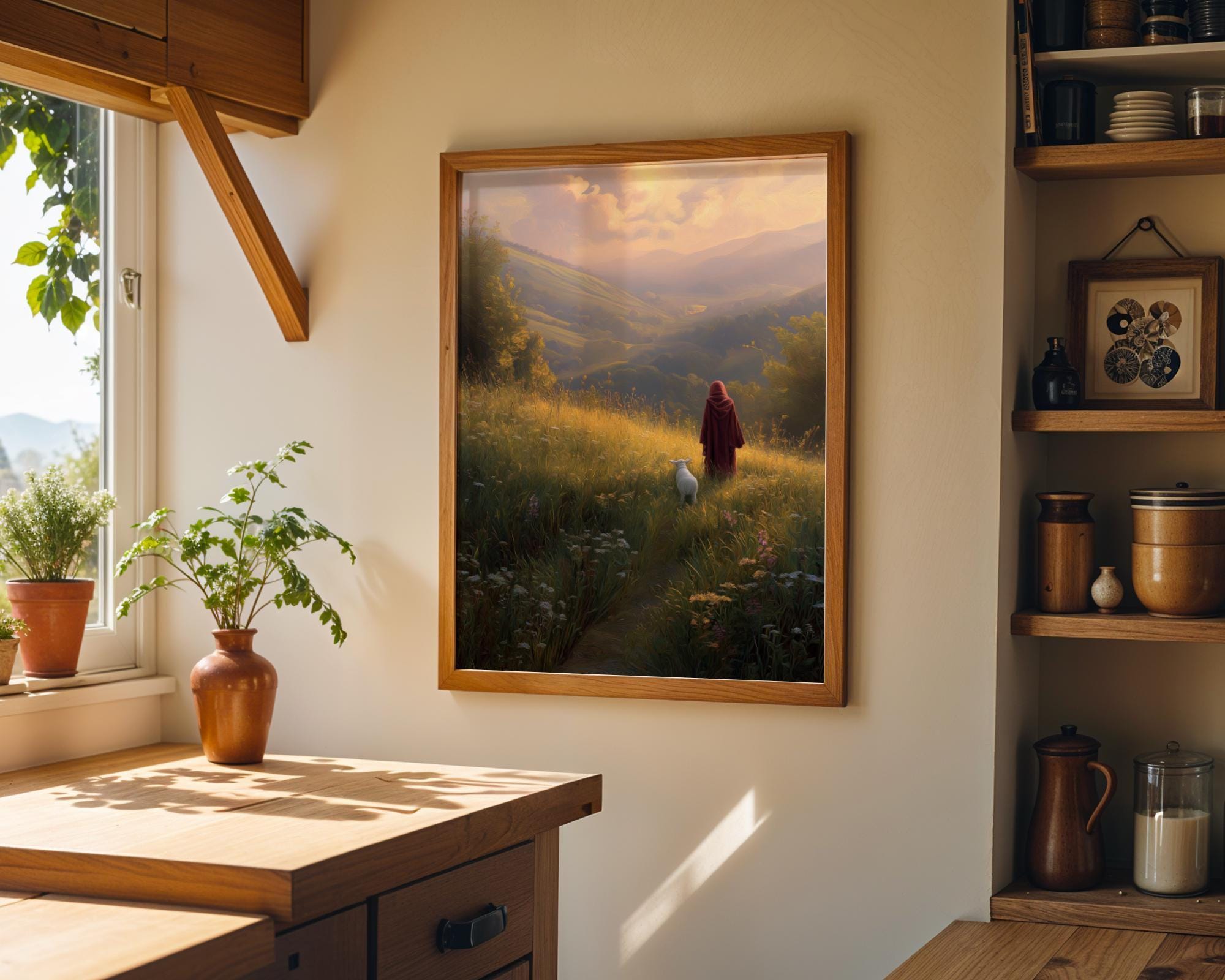 Jesus Walking with Lamb Faith Landscape Religious Wall Art by The Wall Art Studio