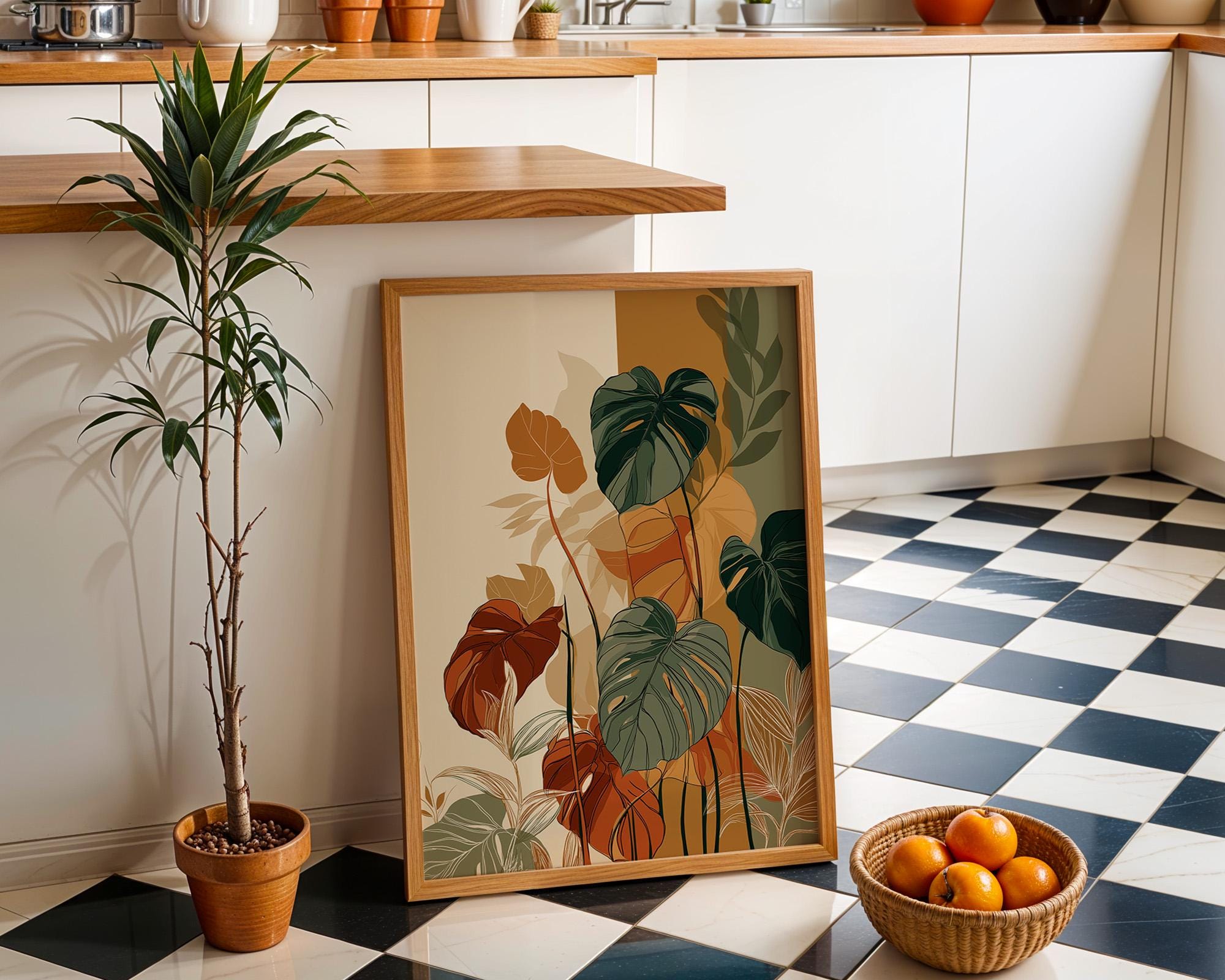 Boho Monstera Leaf Mid Century Modern Plant Japandi Wall Art