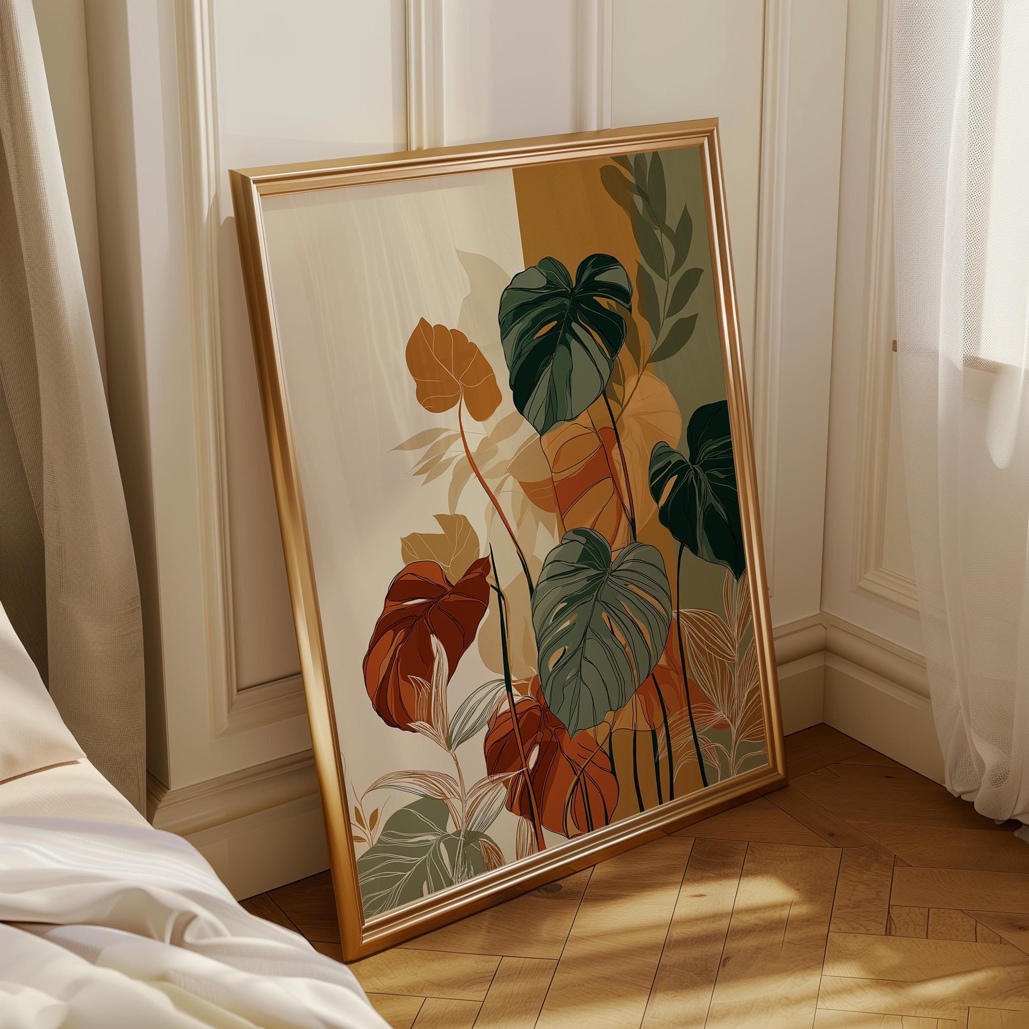 Boho Monstera Leaf Mid Century Modern Plant Japandi Wall Art