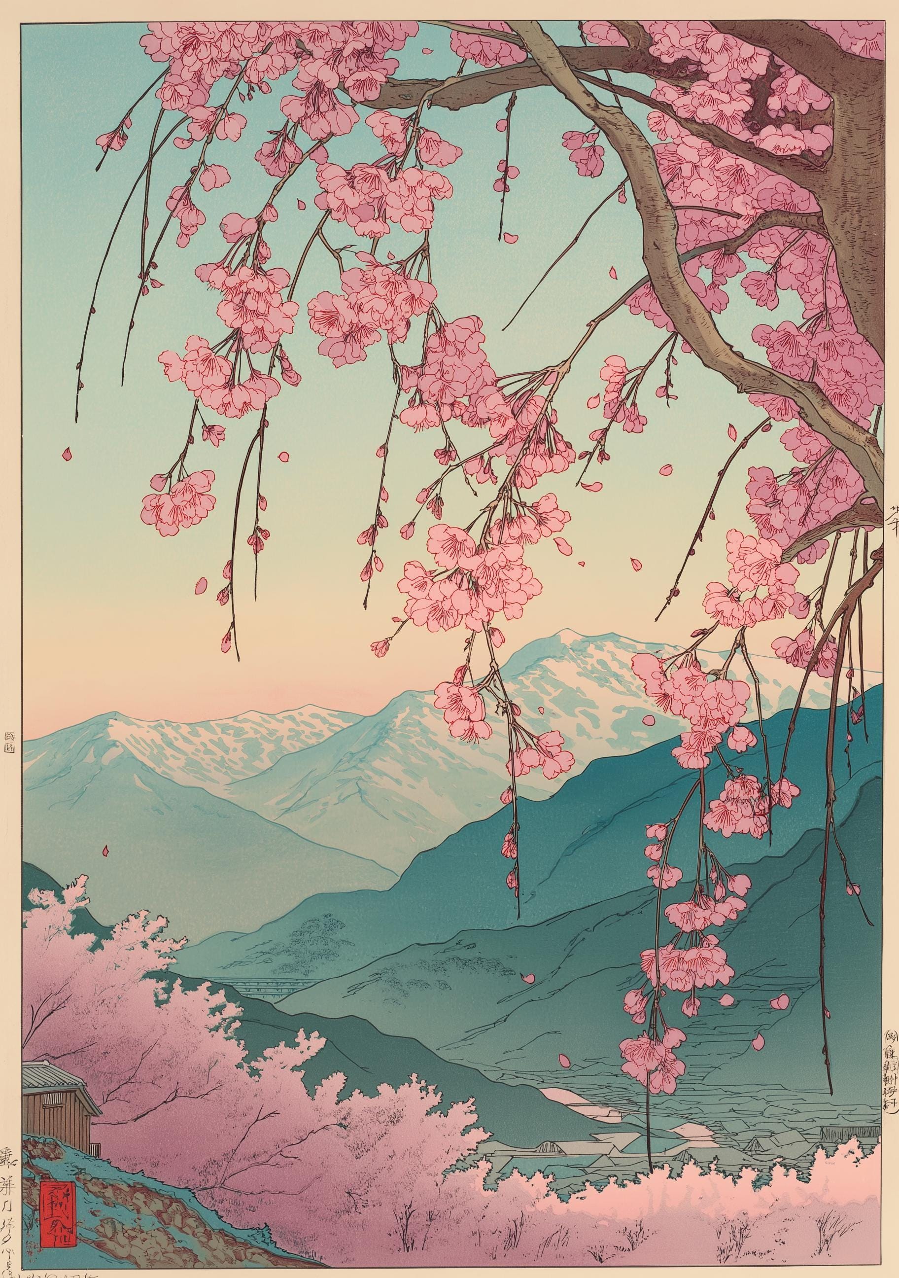 Japanese Cherry Blossom Sakura Tree Pink Floral Mountain Wall Art by The Wall Art Studio