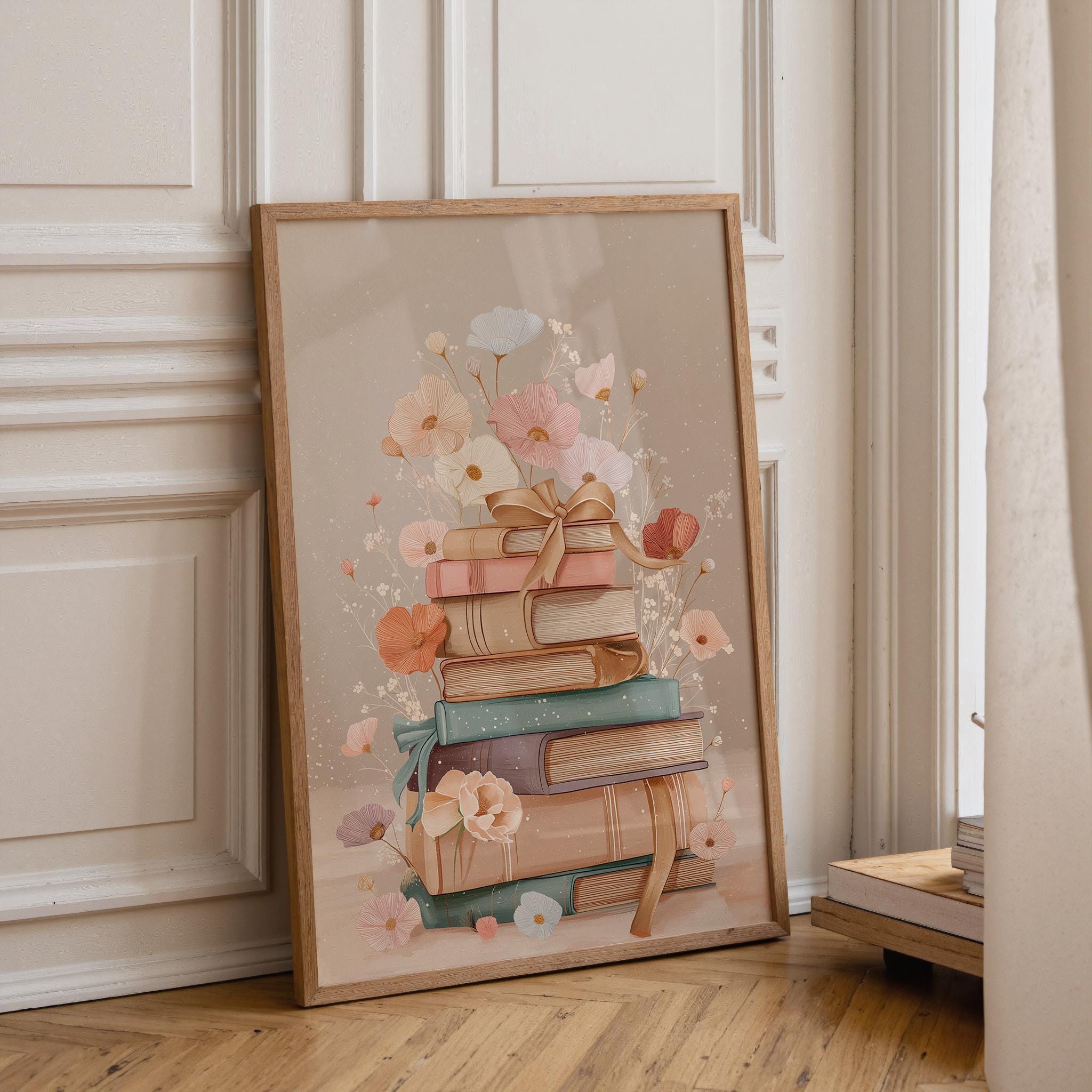Stacked Books Floral Book Stack Library Wall Art by The Wall Art Studio