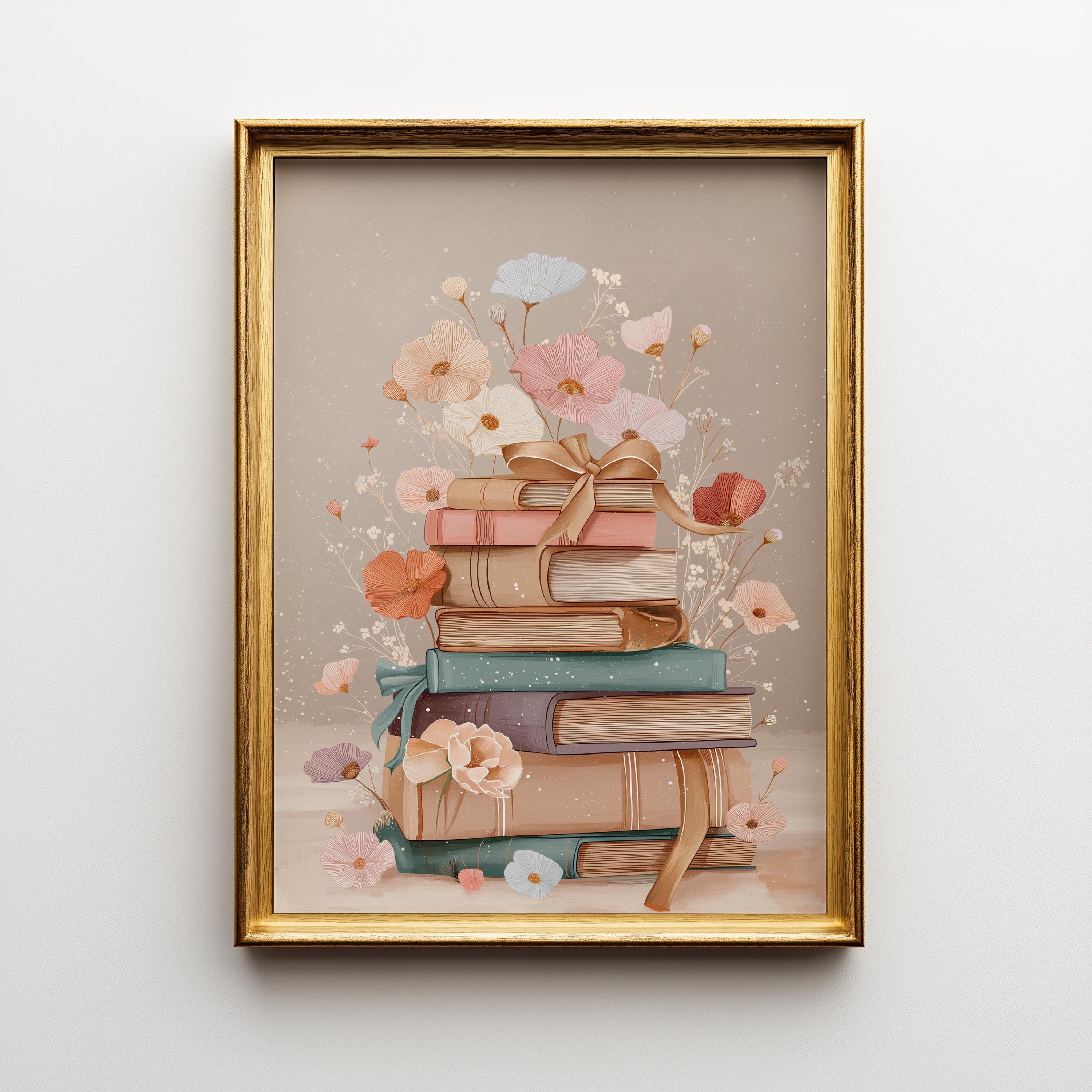 Stacked Books Floral Book Stack Library Wall Art by The Wall Art Studio