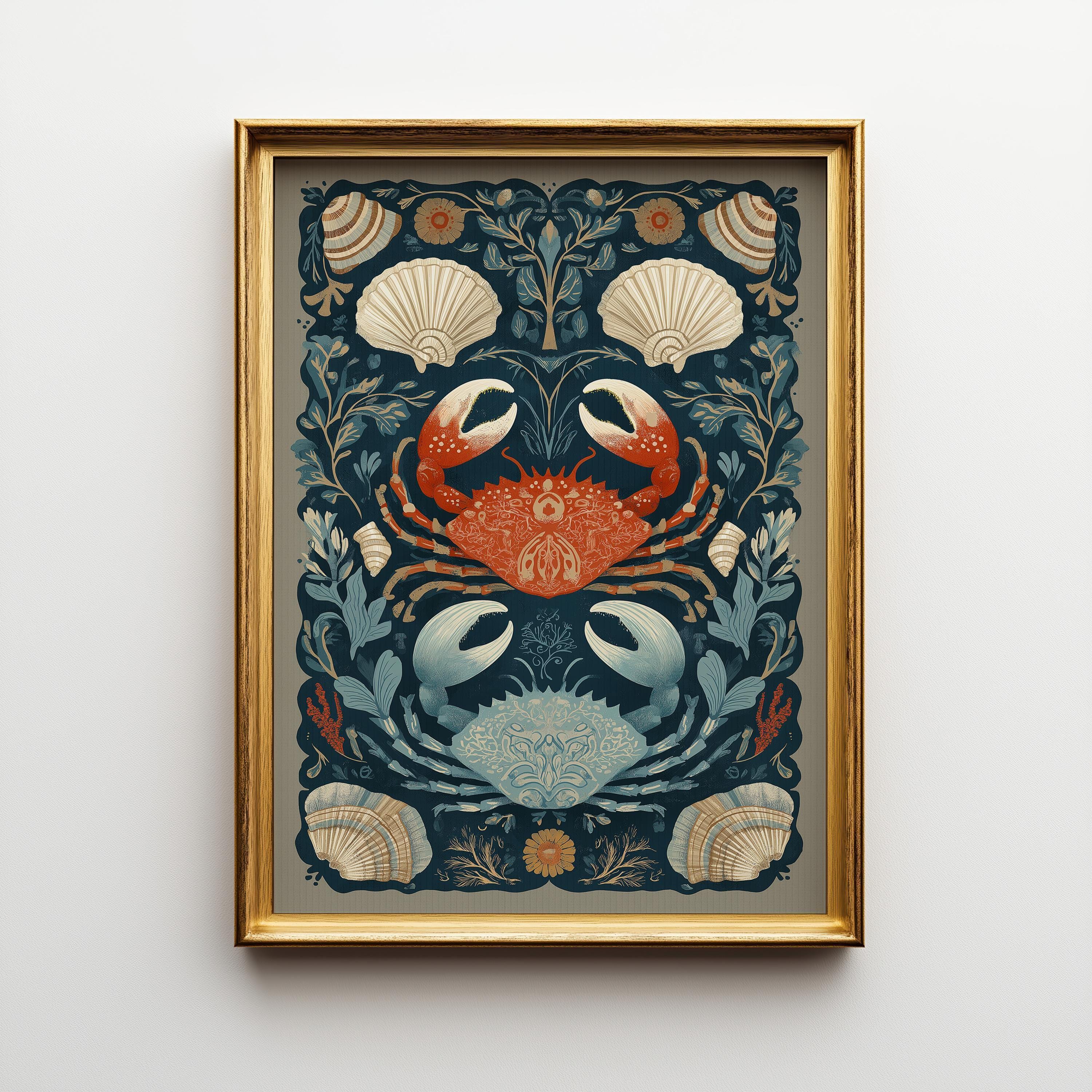 Coastal Crab Nautical Folk Beach House Shell and Sea Life Wall Art