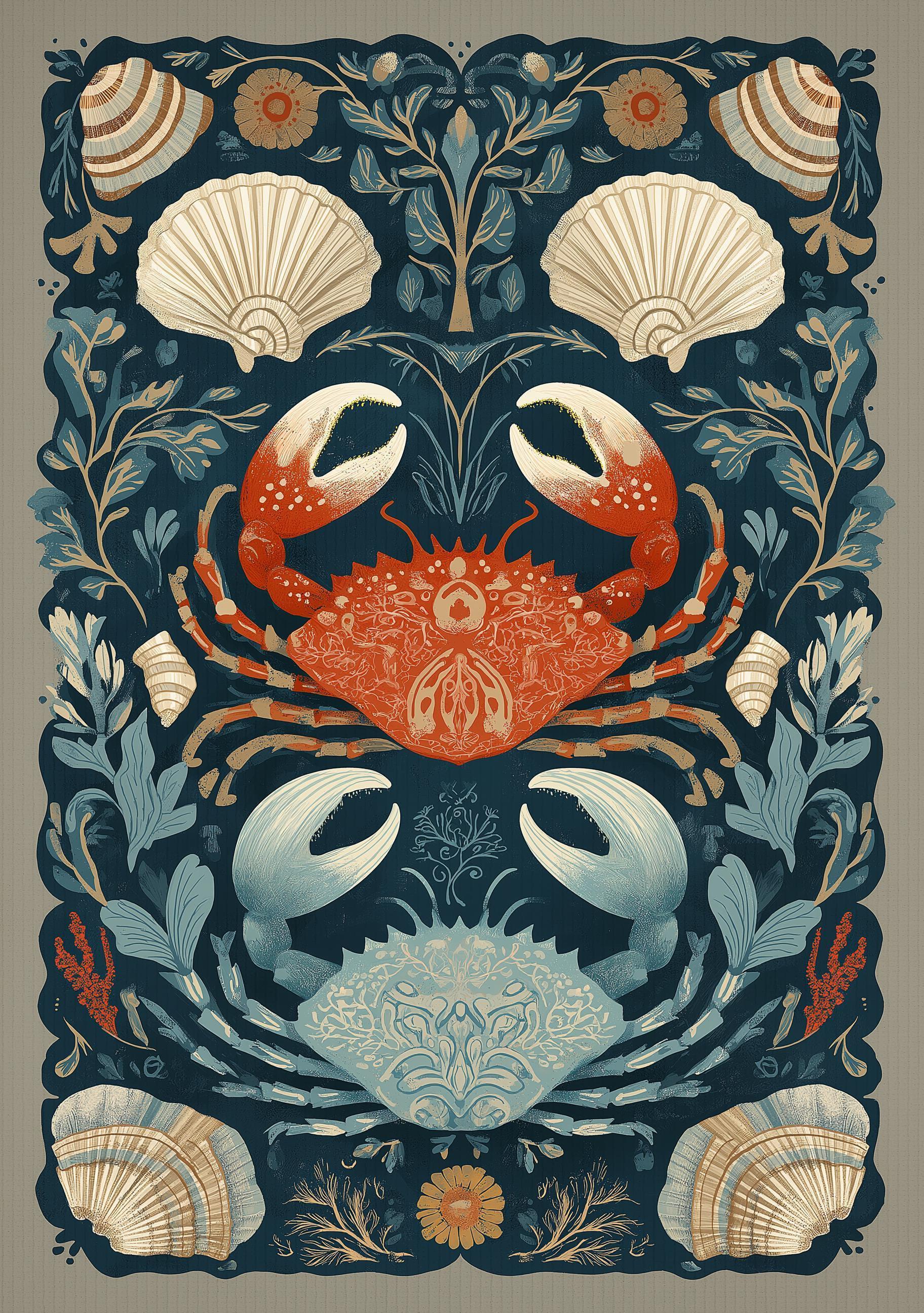 Coastal Crab Nautical Folk Beach House Shell and Sea Life Wall Art