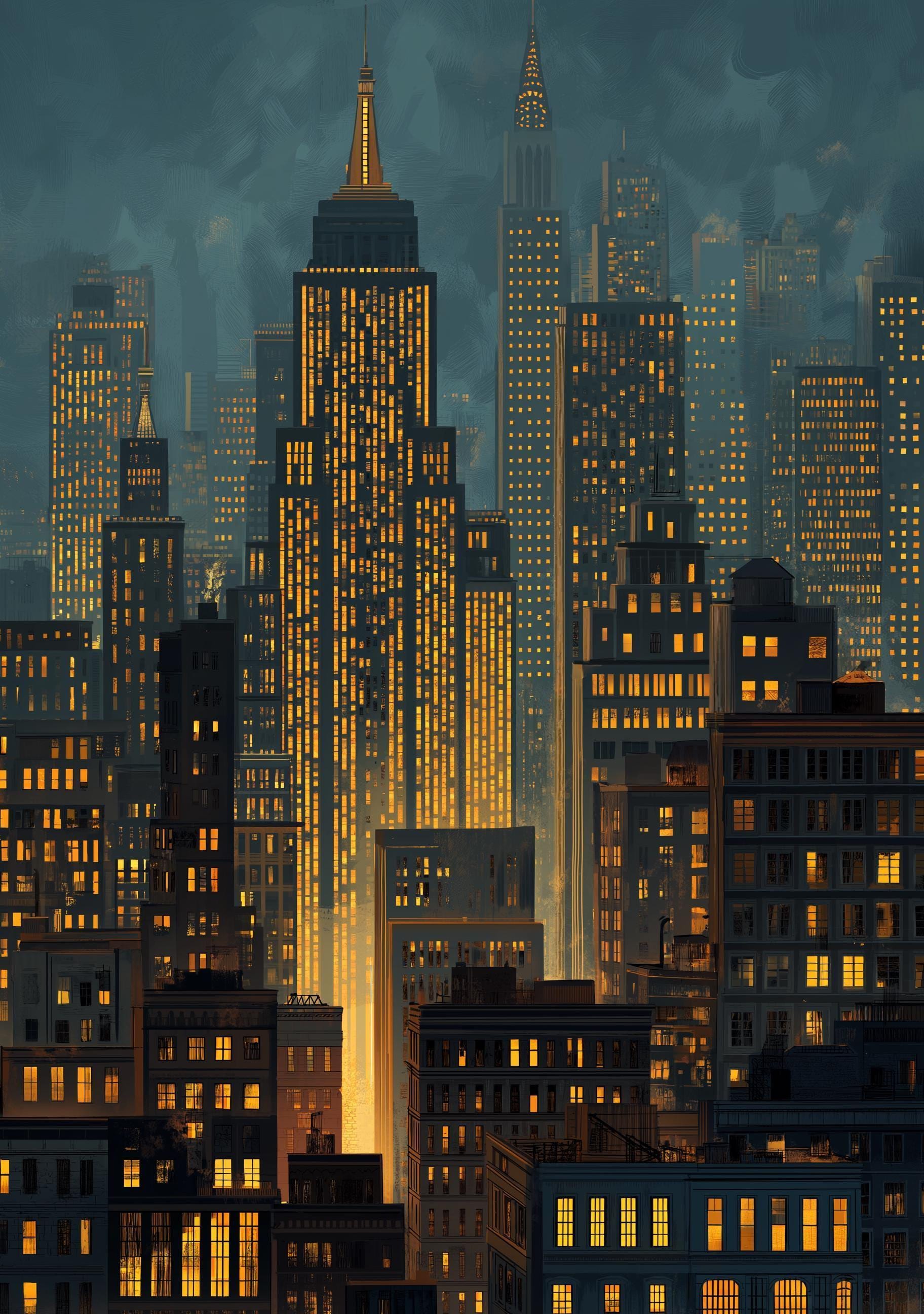 New York City Skyline Night Lights Modern Cityscape Wall Art