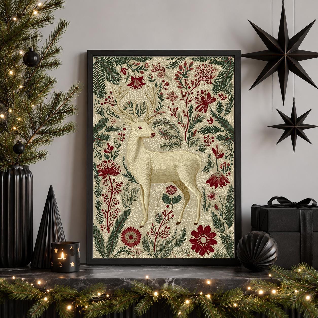 Scandinavian Reindeer Nordic Folk Floral Christmas Wall Art by The Wall Art Studio