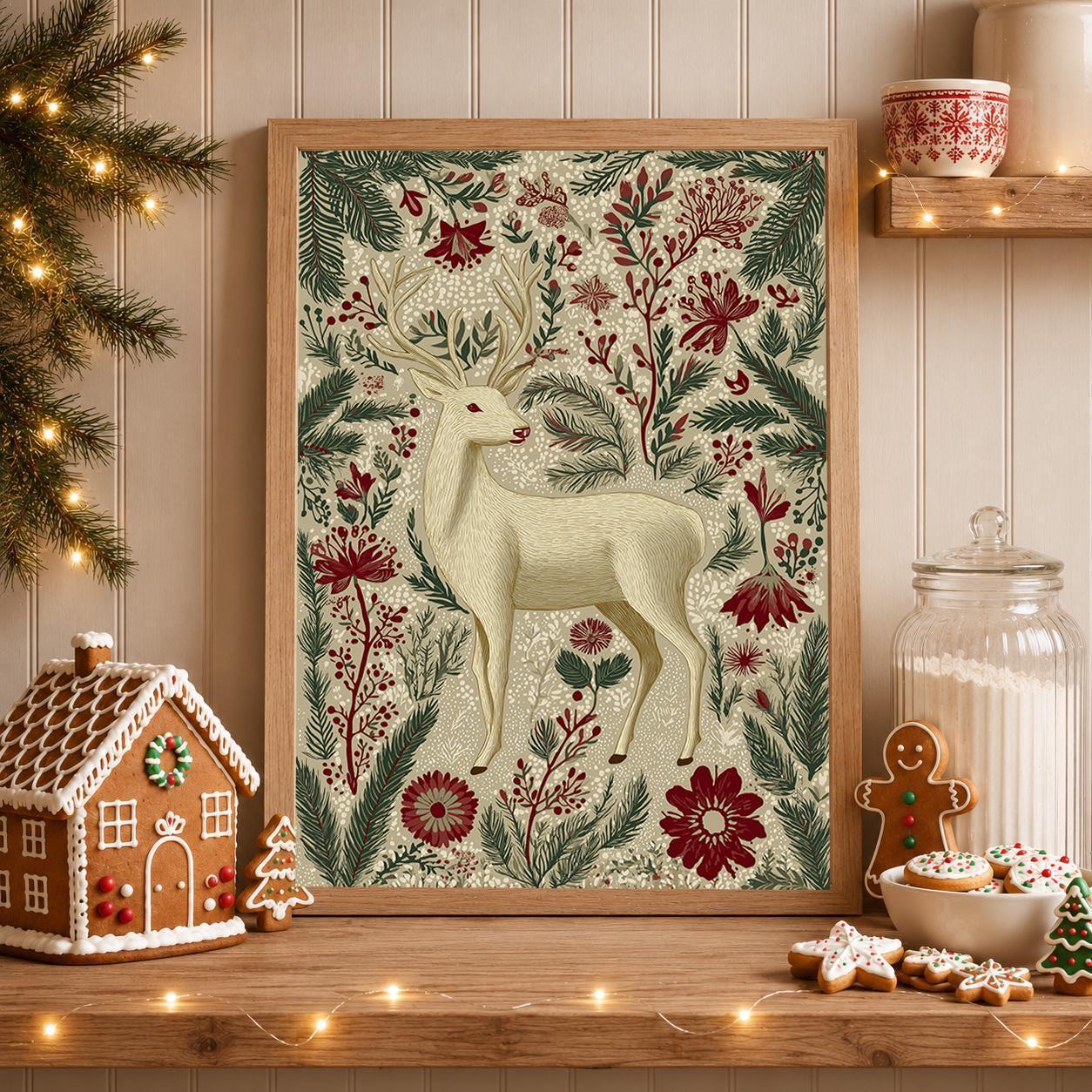 Scandinavian Reindeer Nordic Folk Floral Christmas Wall Art by The Wall Art Studio