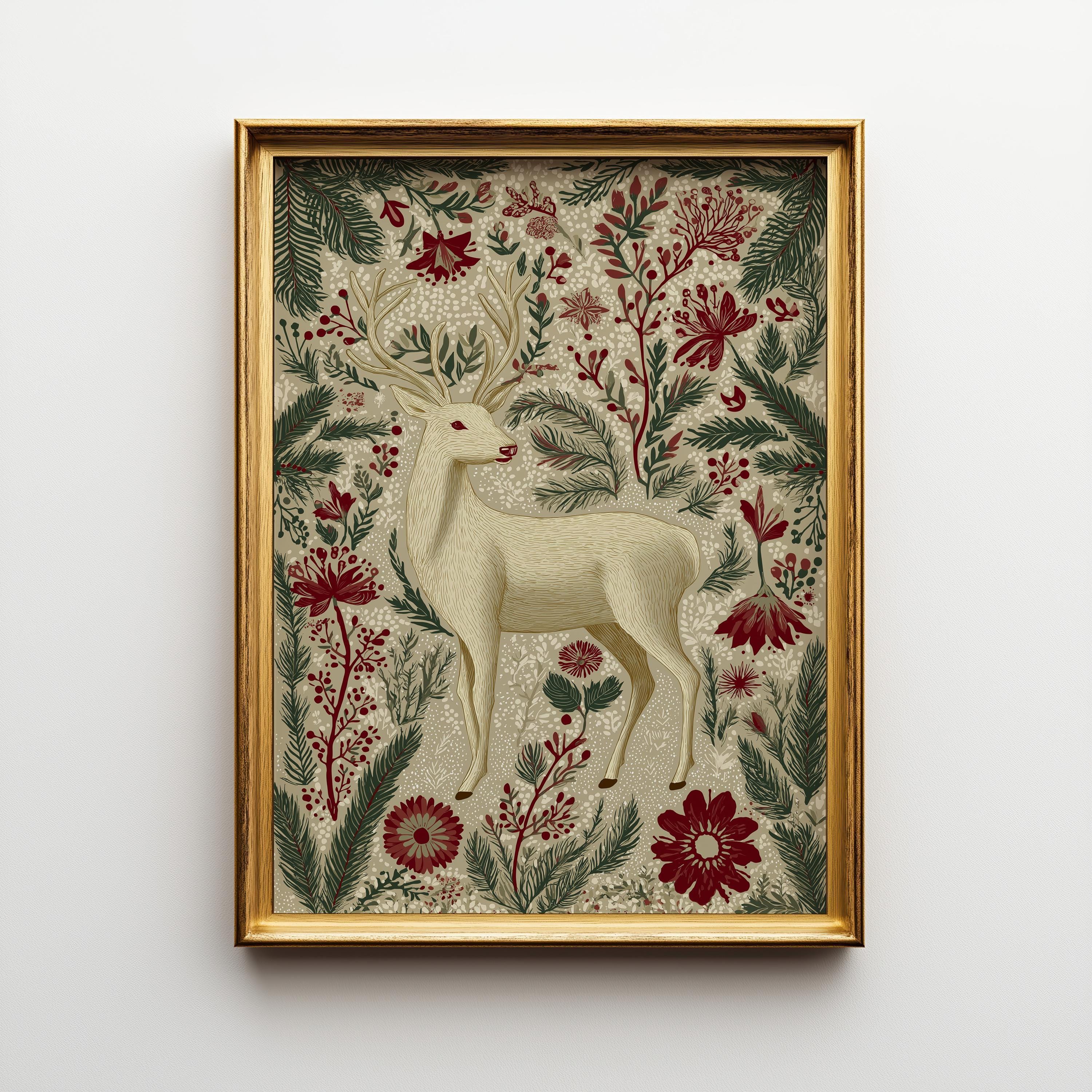 Scandinavian Reindeer Nordic Folk Floral Christmas Wall Art by The Wall Art Studio