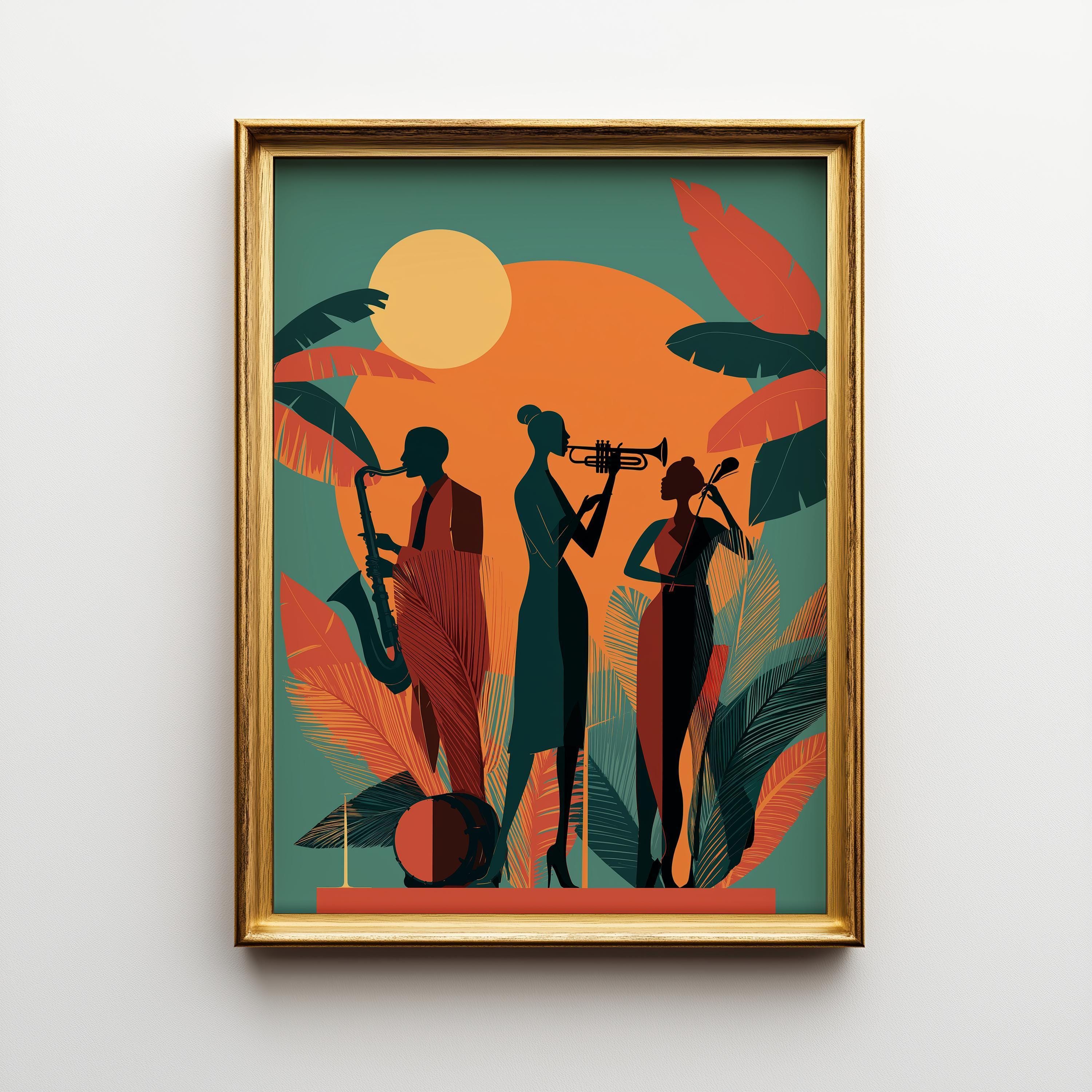 Art Deco Jazz Band Tropical Mid Century Music Wall Art by The Wall Art Studio