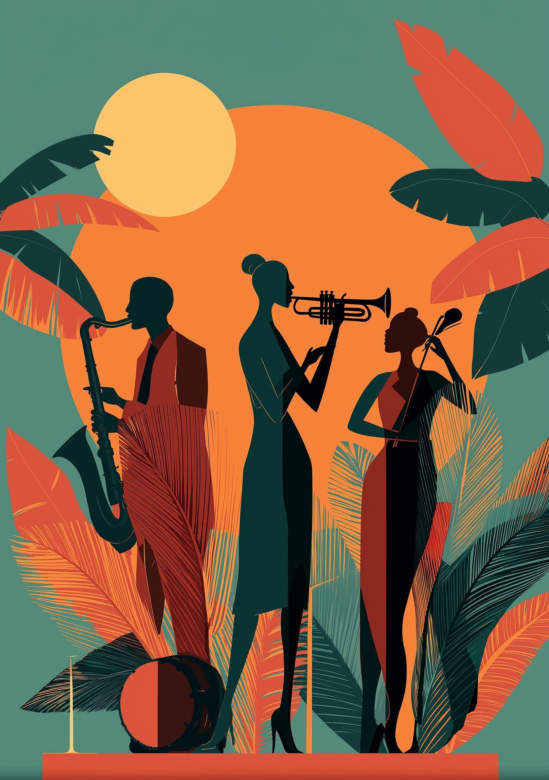 Art Deco Jazz Band Tropical Mid Century Music Wall Art by The Wall Art Studio